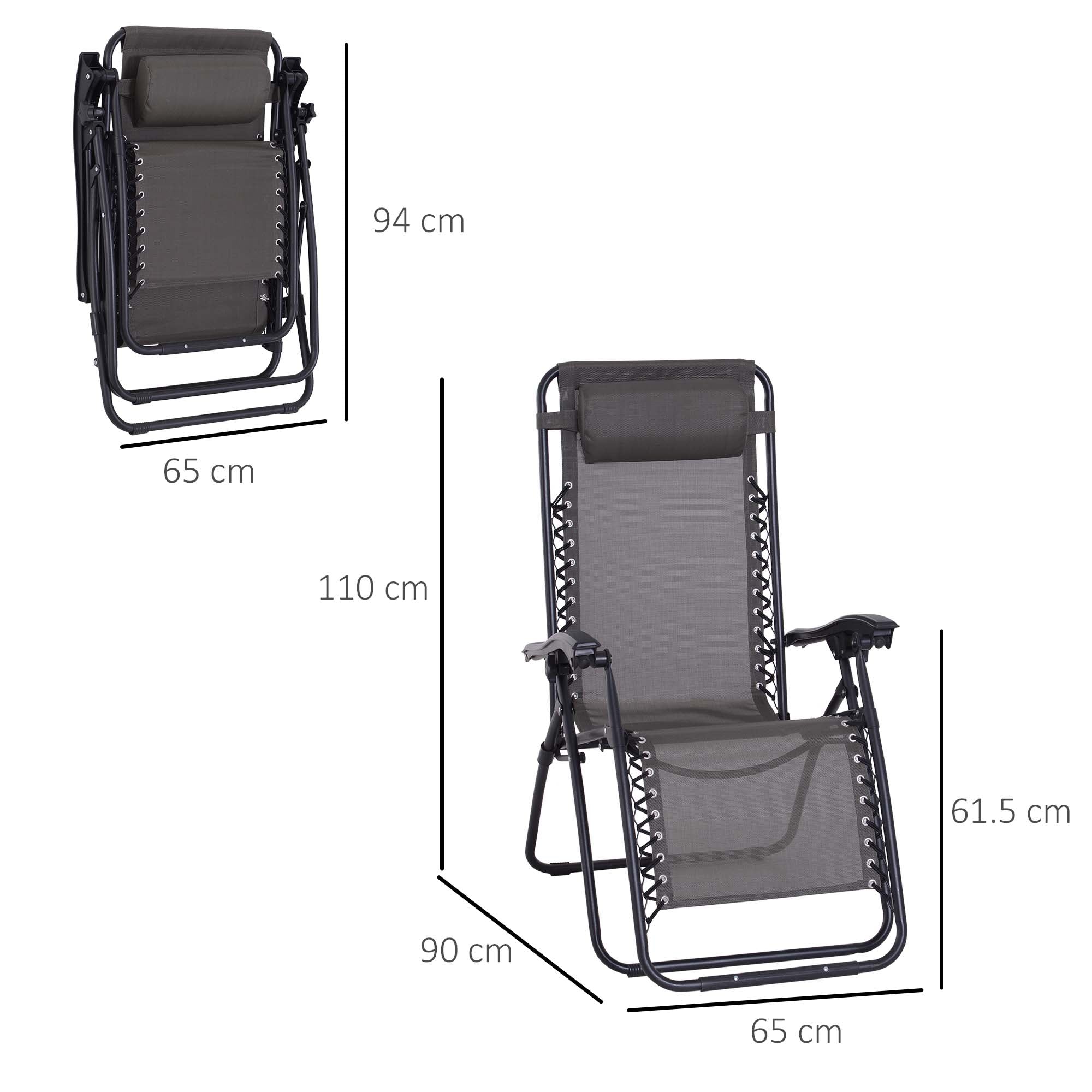 Outsunny Zero Gravity Chair Set of 2, Metal Frame Texteline Armchair Outdoor Folding and Reclining Sun Lounger with Head Pillow for Patio Decking Gardens Camping, Grey