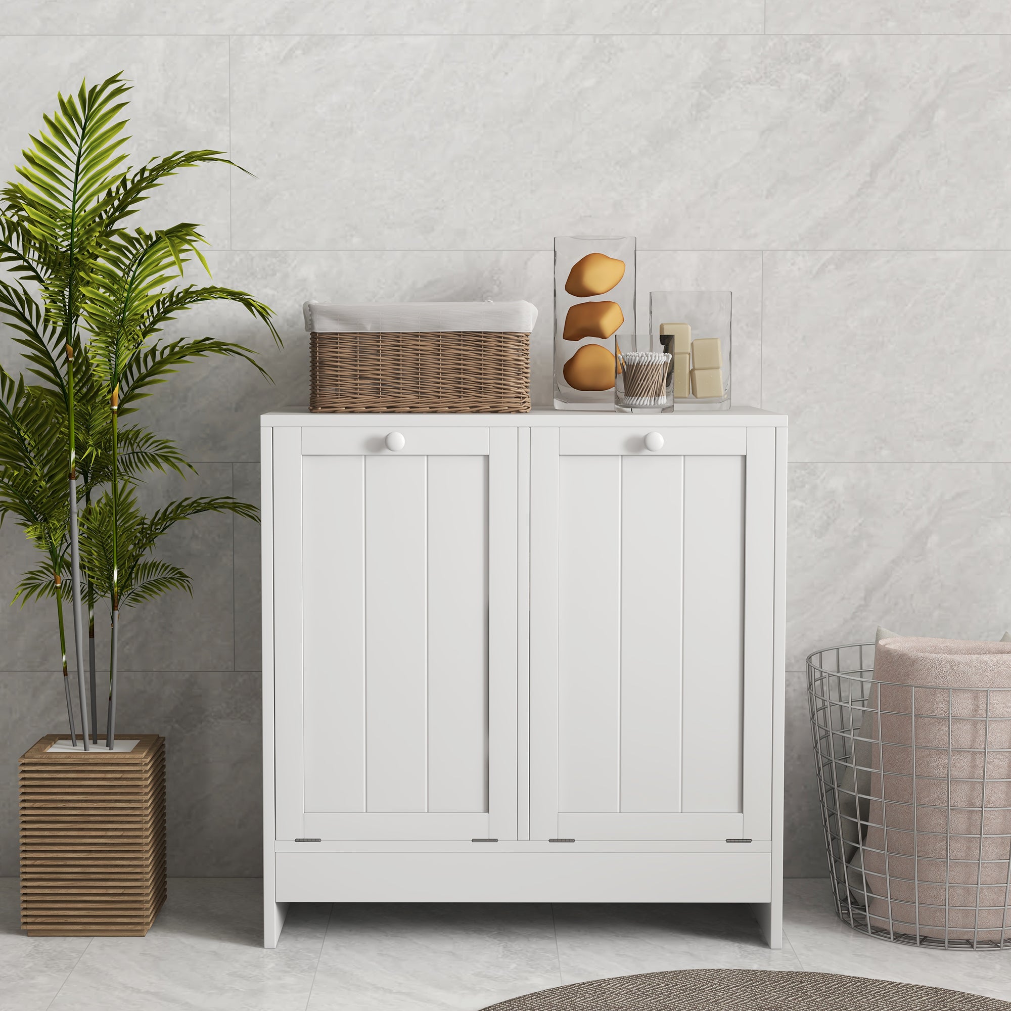 kleankin Double Hamper Laundry Storage Cabinet - White - North Peak Garden Furniture