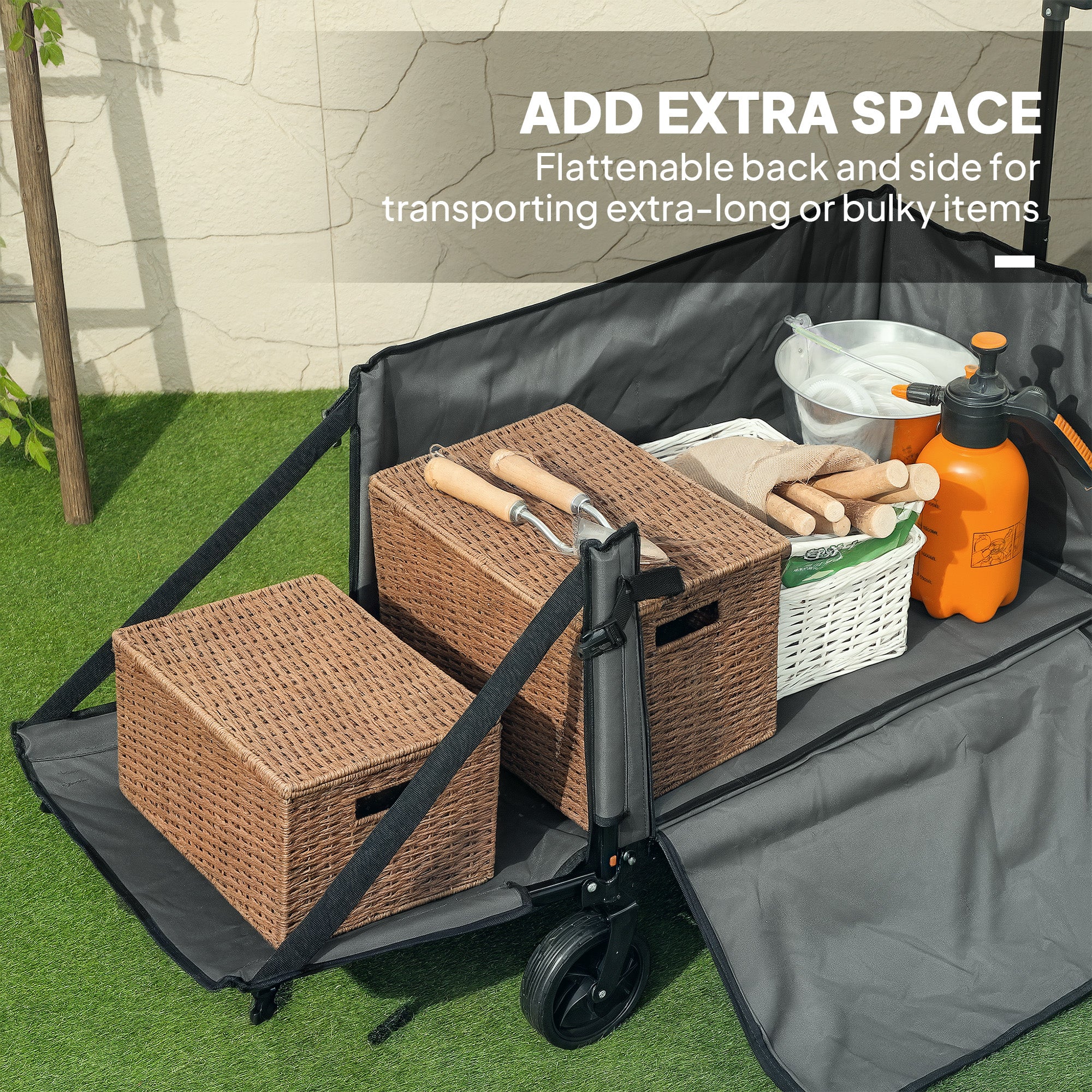Outsunny Folding Trolley on Wheels, 150L Collapsible Wagon Festival Trolley Cart with Openable Sides, Adjustable Handle and Brakes for Shopping Camping Beach and Garden, Grey - North Peak Garden Furniture