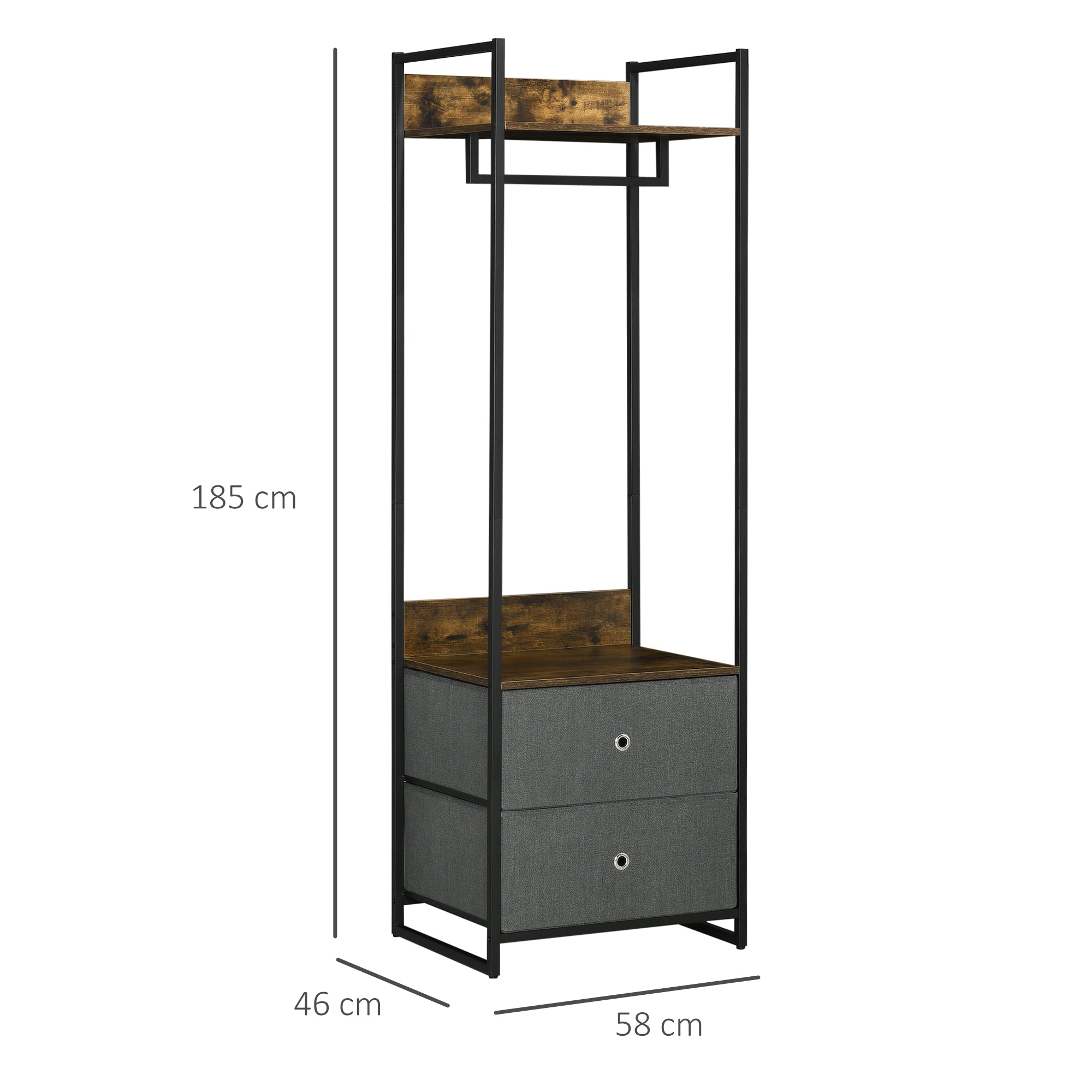 HOMCOM Clothes Rail, Metal Coat Stand, Garment Rack with 2 Fabric Storage Drawers, Single Wardrobe for Bedroom, Hallway, Rustic Brown and Grey - North Peak Garden Furniture