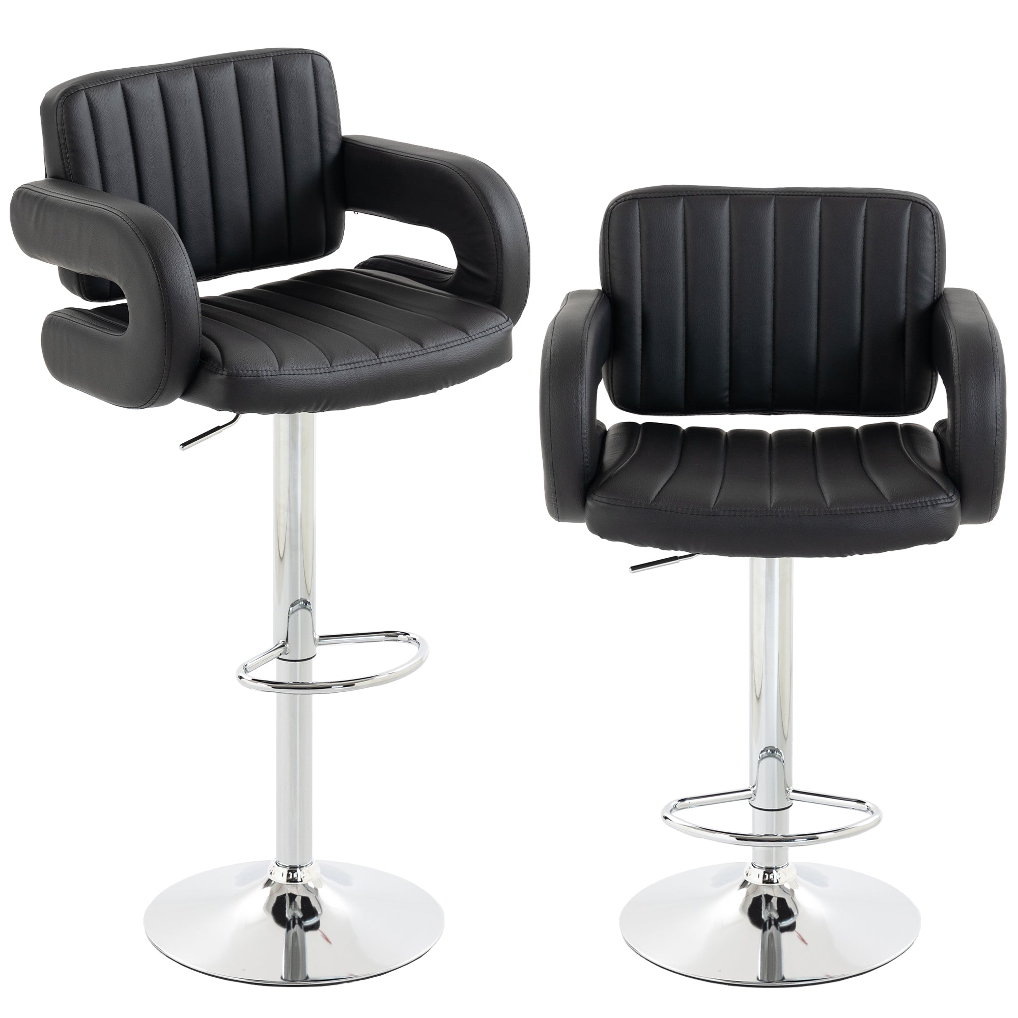 HOMCOM Bar Stools Adjustable Swivel Kitchen Chairs with Backrest Armrest Set of 2 PU Leather Black