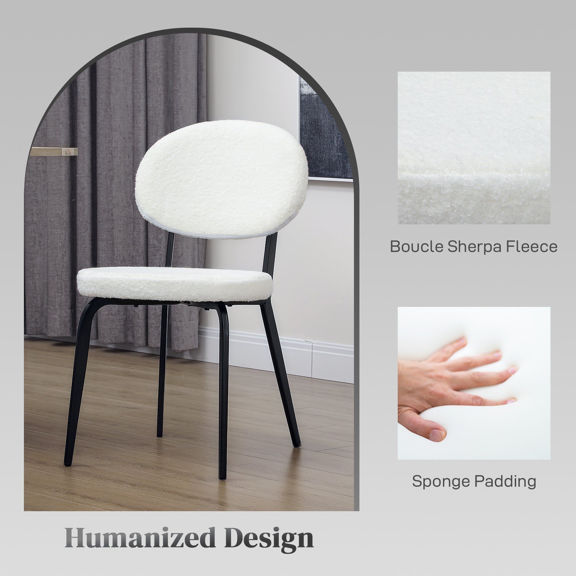 HOMCOM Boucle Dining Chairs Set of 4, Modern Upholstered Sherpa Kitchen Chairs with Backrest, Metal Legs and Padded Seat for Dining Room, Bedroom, Living Room, White - North Peak Garden Furniture