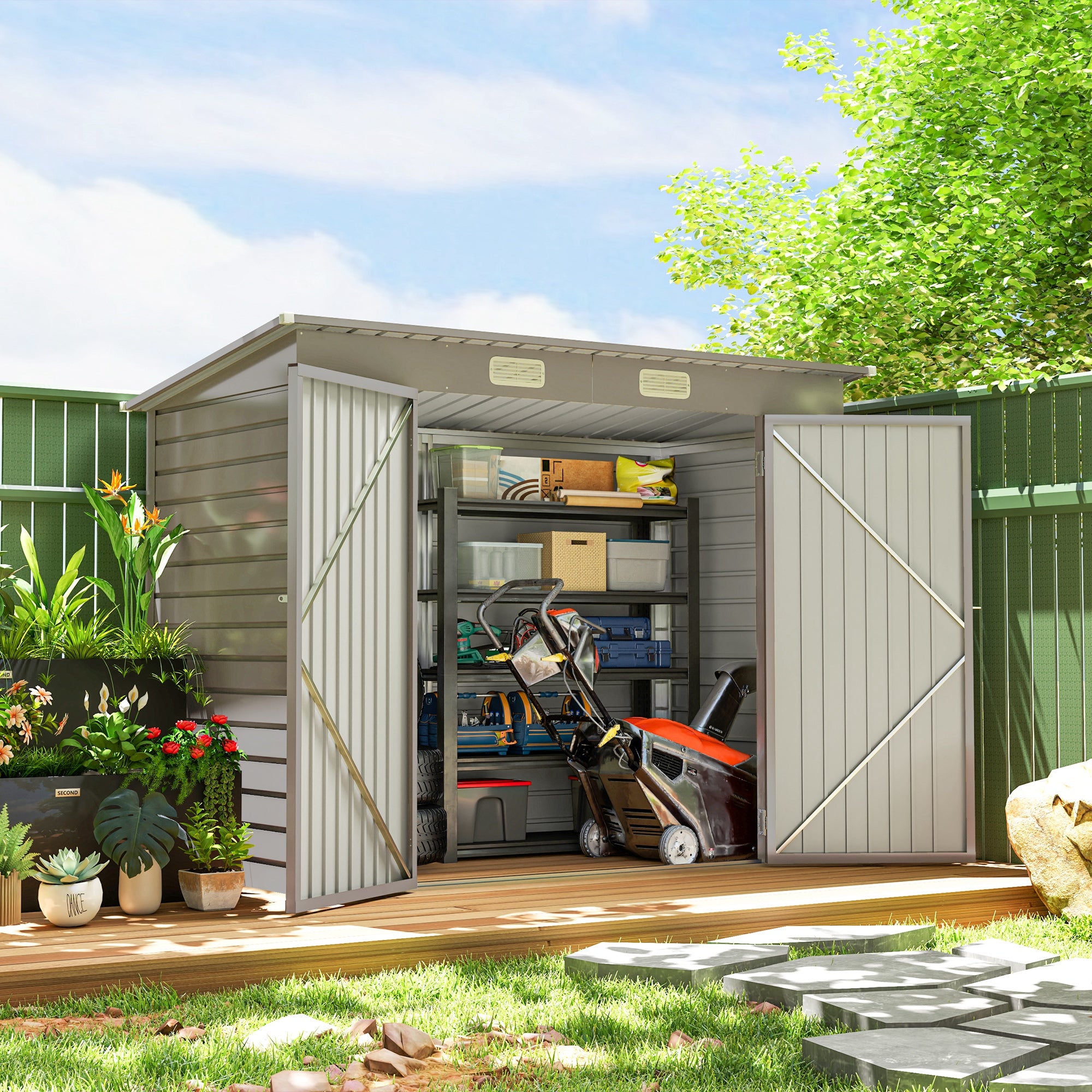 Outsunny 3.7 x 7.9ft Galvanised Steel Shed, with Latched Door and Padlock - Light Grey - North Peak Garden Furniture