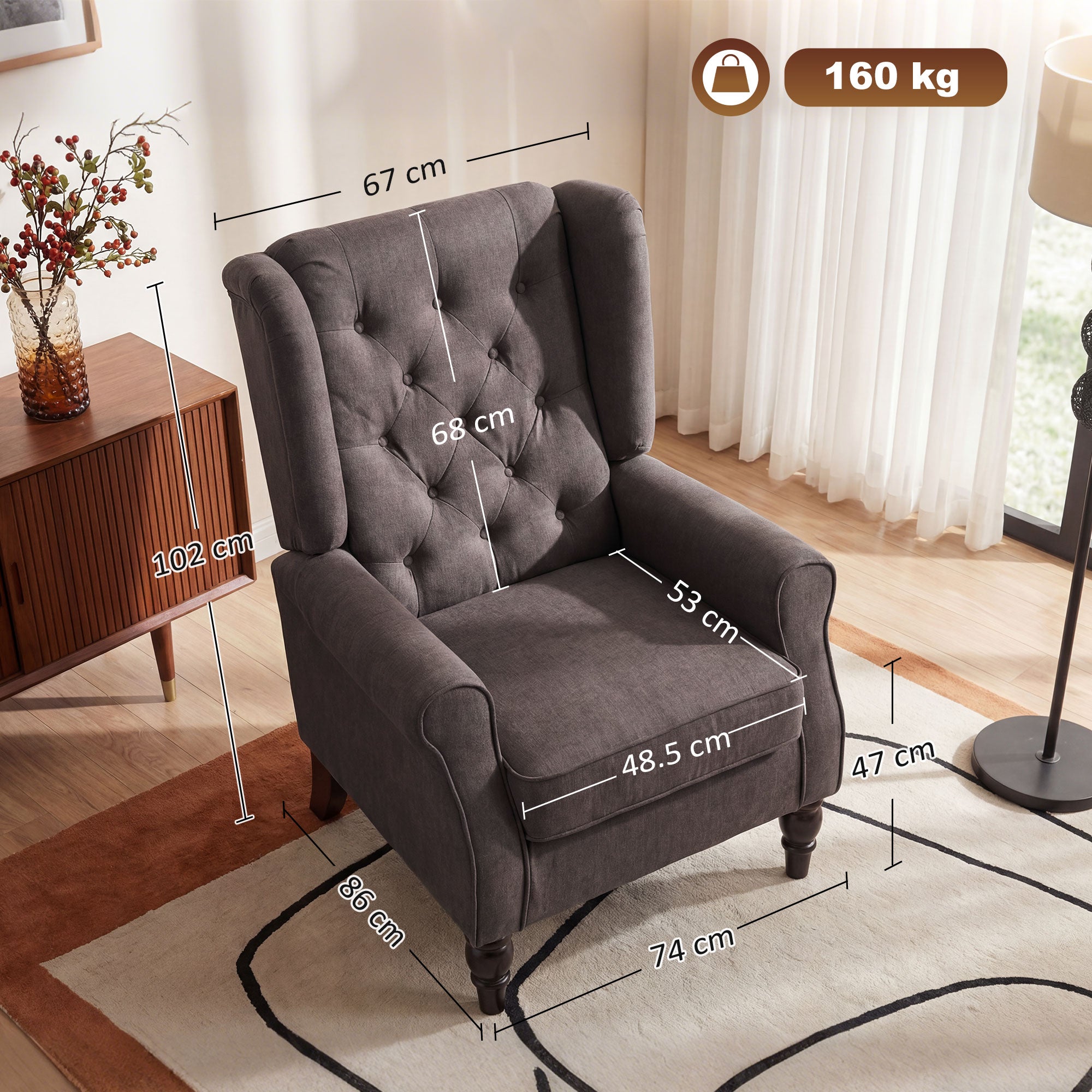 HOMCOM Retro Accent Chair, Wingback Armchair with Wood Frame Button Tufted Design for Living Room Bedroom, Brown