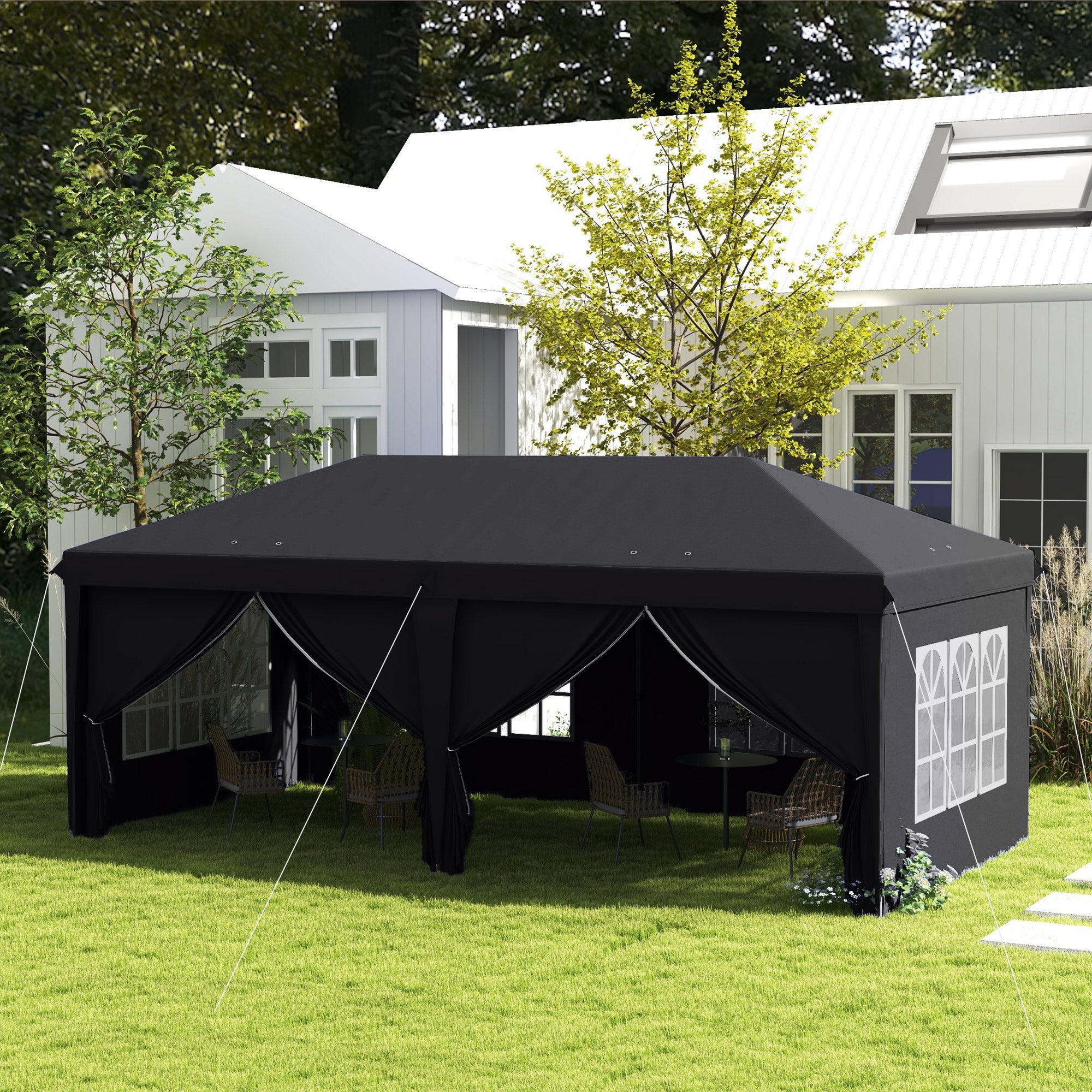 Outsunny 3 x 6 m Pop Up Gazebo with Sides and Windows, Height Adjustable Party Tent with Storage Bag for Garden, Camping, Event, Grey | Aosom UK