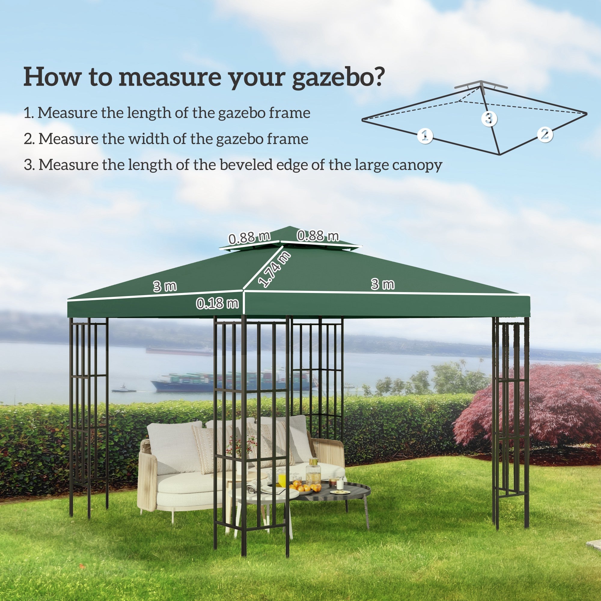 Outsunny 3(m) Gazebo Top Cover Double Tier Canopy Replacement Pavilion Roof Dark Green