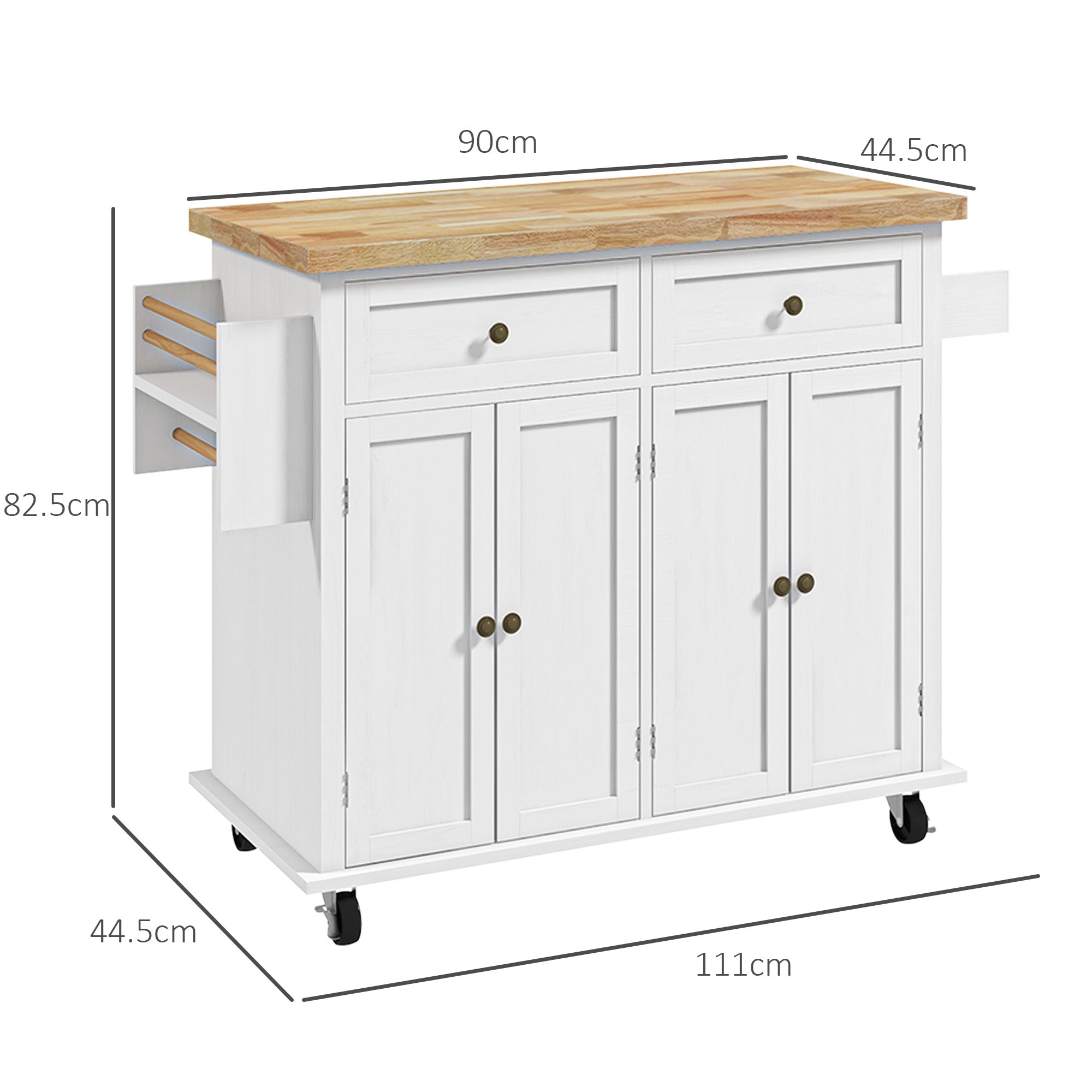 HOMCOM Rolling Kitchen Island Storage Trolley with Rubber Wood Top & Drawers for Dining Room, White - North Peak Garden Furniture