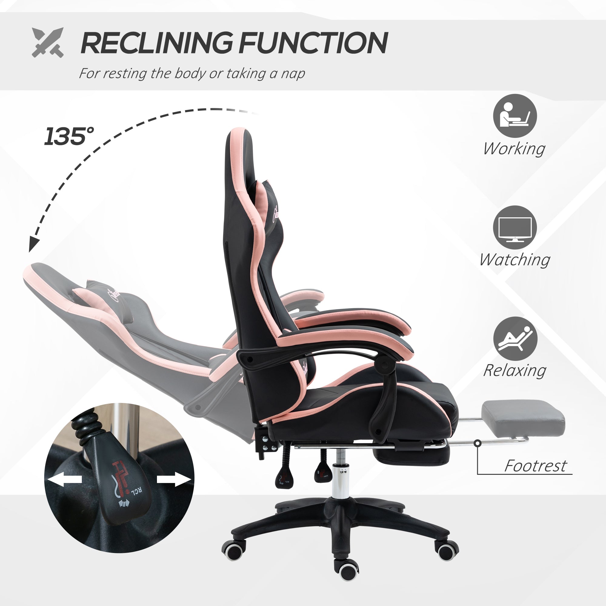 Vinsetto Computer Gaming Chair, PU Leather Desk Chair with Footrest, Swivel Task Chair with 135° Reclining Back and Lumbar Support, PC Chair for Adults, Black and Pink
