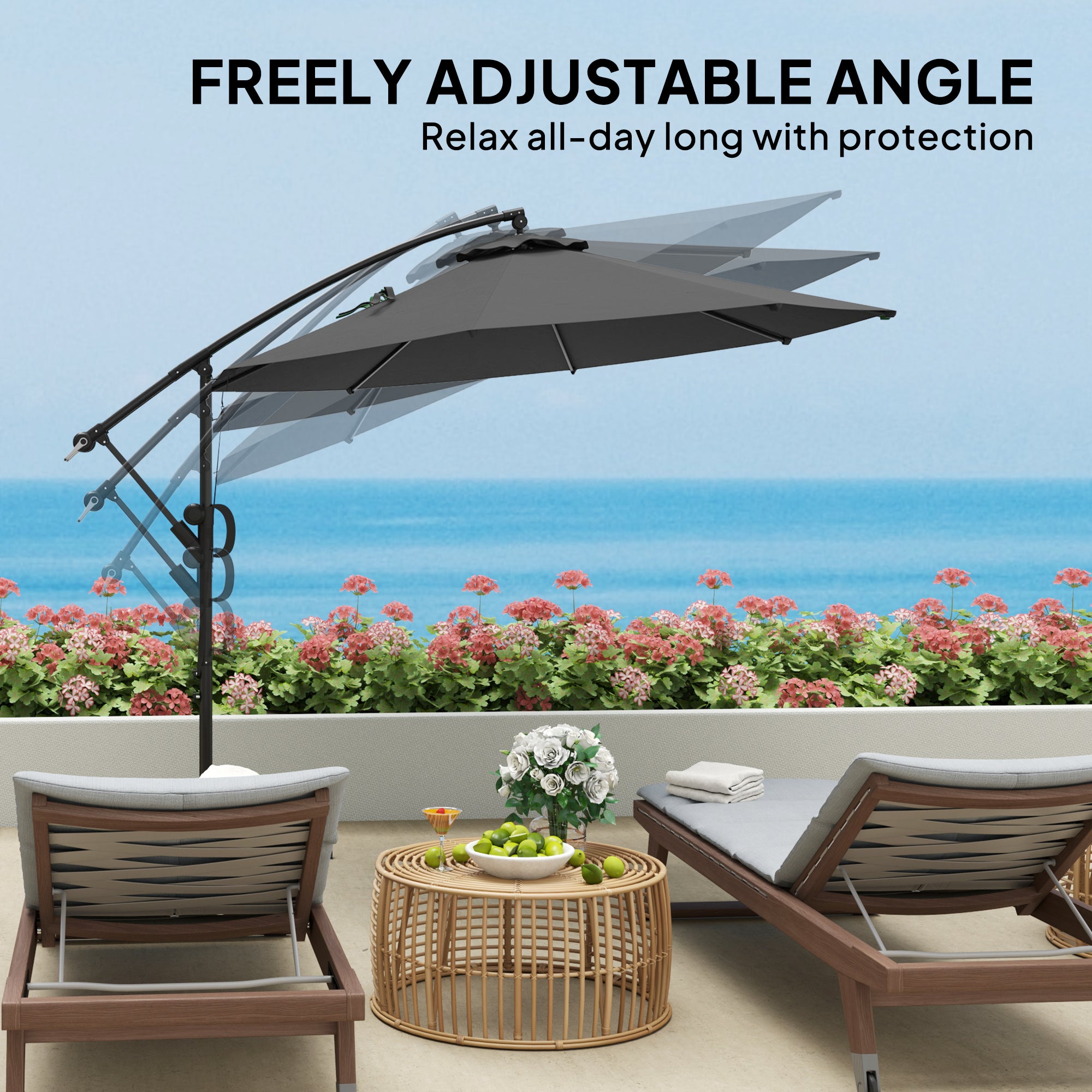 Outsunny 3(m) Garden Cantilever Parasol with Cover and Wind Protection Strap, Round Overhanging Umbrella with Crank Handle and Tilt, Banana Patio Umbrella for Outdoor Sun Shade, UPF50+, Grey - North Peak Garden Furniture