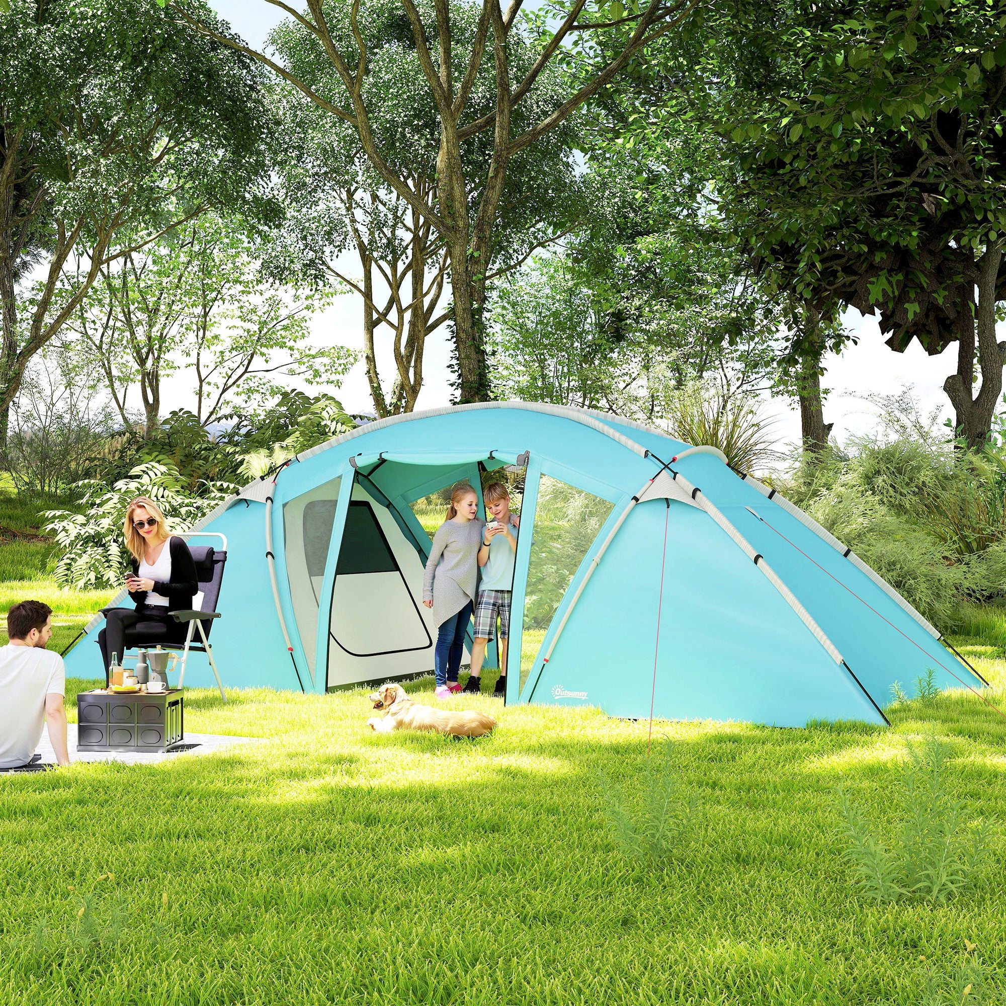 Outsunny 4-6 Man Family Camping Tent w/ 2 Bedrooms and a Living Room, Waterproof Tunnel Tent w/ Sewn In Groundsheet, Doors, Windows, Carry Bag, Blue - North Peak Garden Furniture