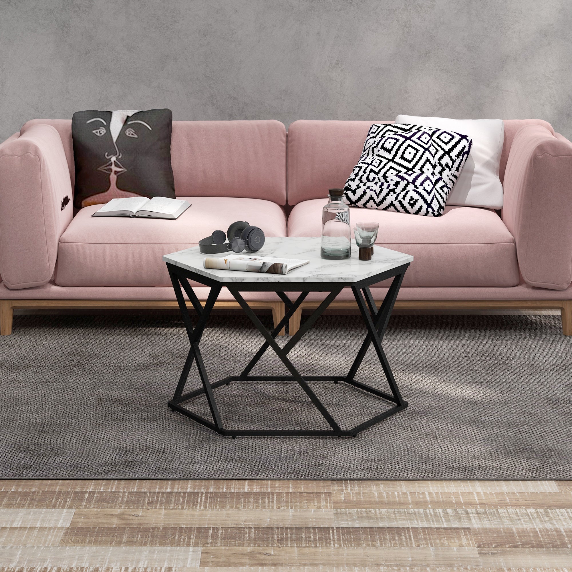 HOMCOM Hexagonal Coffee Table with High Gloss Marble Effect Table Top, Modern Cocktail Table with Steel Frame for Living Room, White - North Peak Garden Furniture
