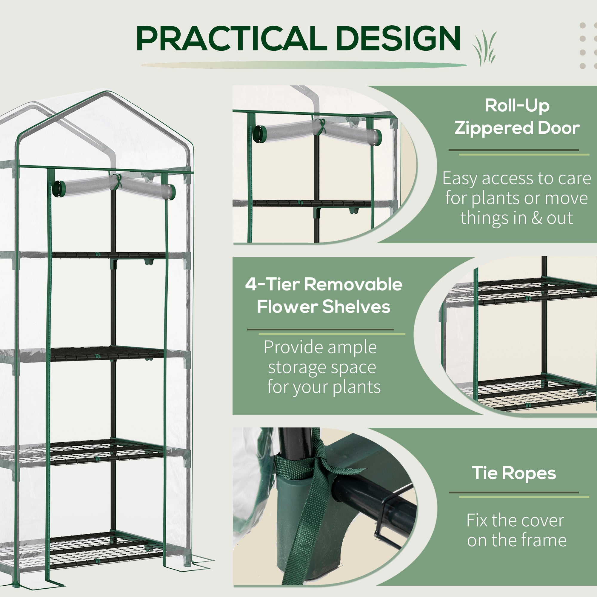 Outsunny 4 Tiers Mini Portable Greenhouse Compact Plant Grow Shed Metal Frame Transparent Clear Cover 160H x 70L x 50Wcm