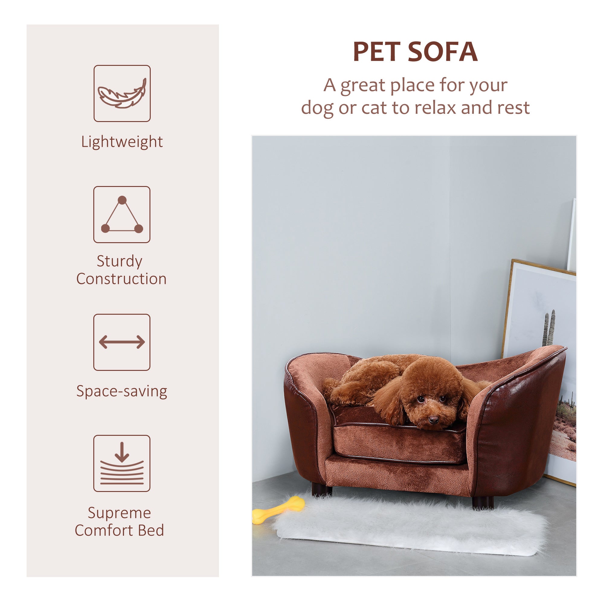 PawHut Dog Sofa Chair with Legs, Pet Couch with Soft Cushion for Extra Small Dogs Cats, Brown, 68.5 x 40.5 x 40.5 cm