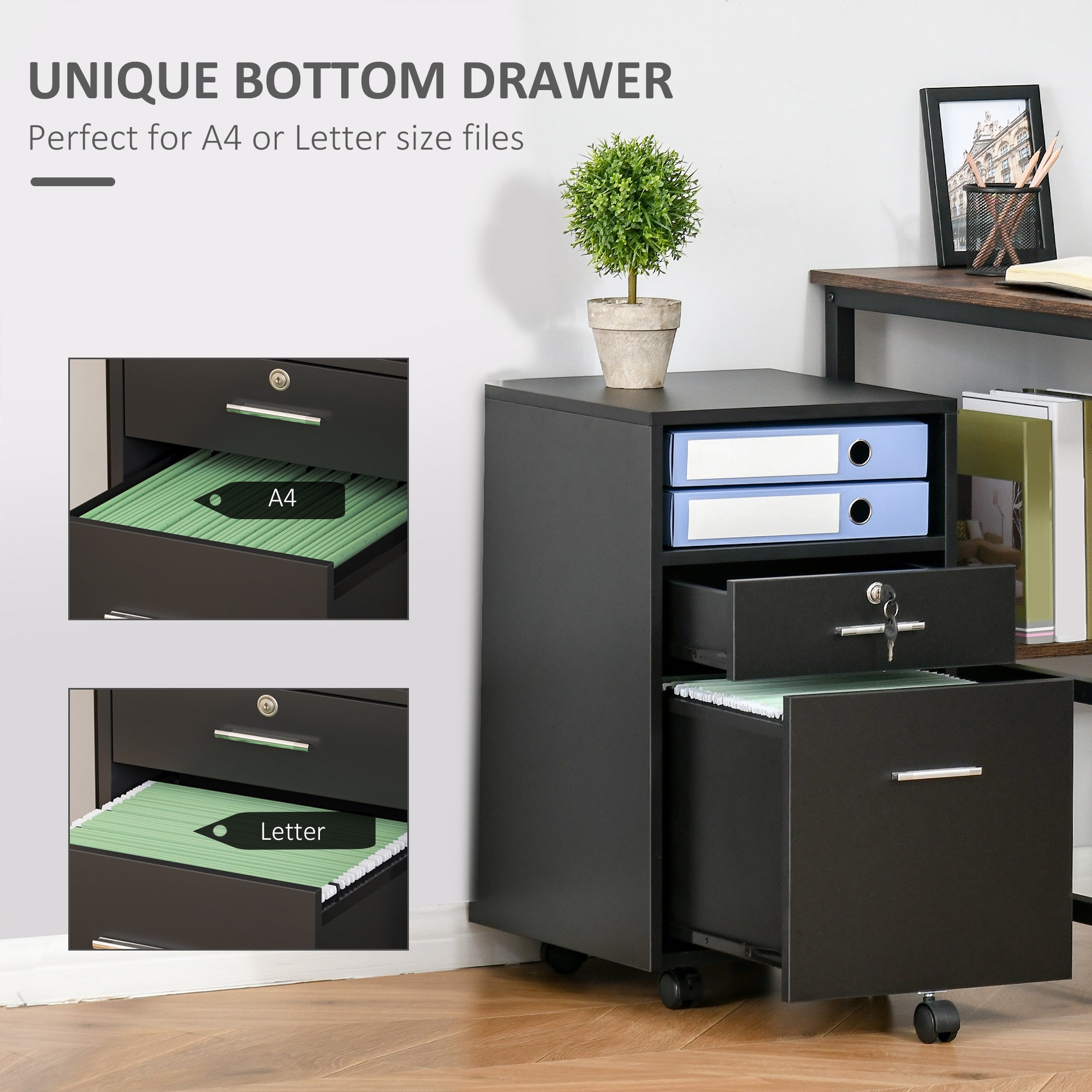 Vinsetto Lockable Two-Drawer Filing Cabinet, with Wheels - Black - North Peak Garden Furniture