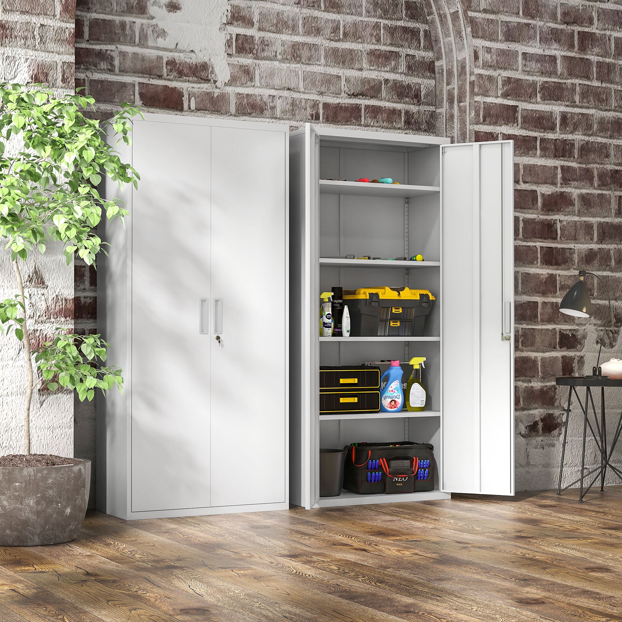 HOMCOM Five Shelf Lockable Steel Office Cabinet - White - North Peak Garden Furniture