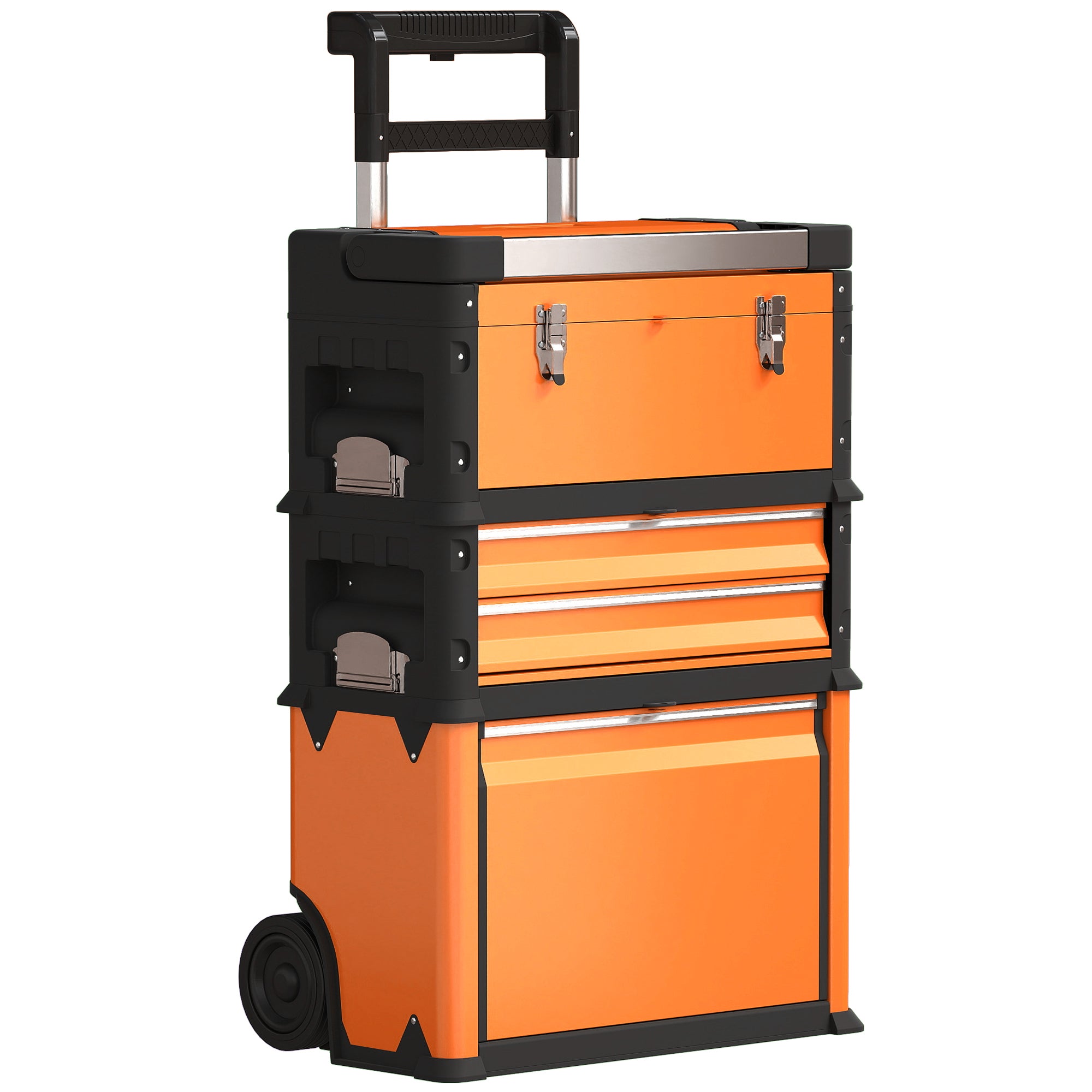 HOMCOM 3-in-1 Stackable Rolling Tool Box - Orange - North Peak Garden Furniture