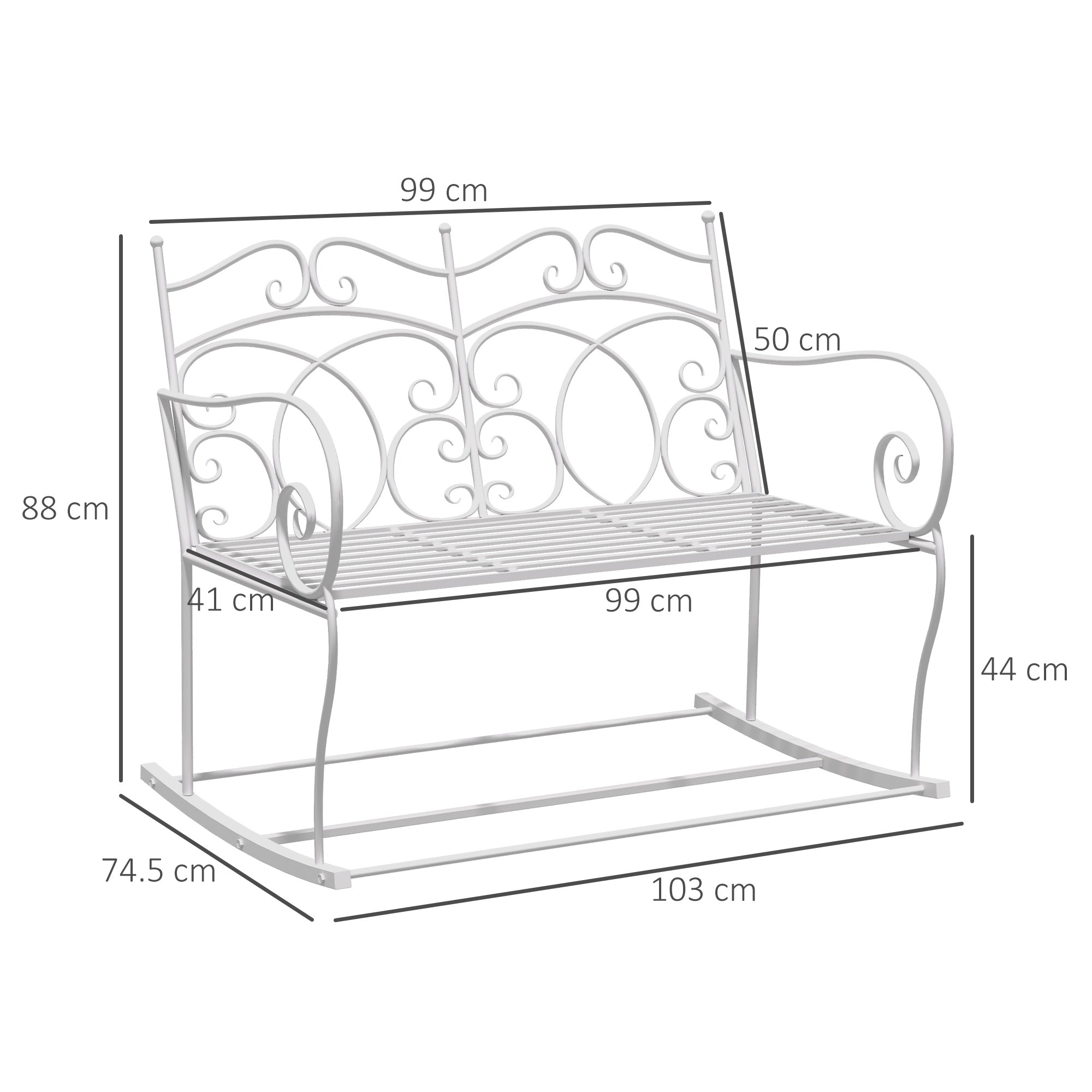 Outsunny Patio 2 Seater Rocking Bench Steel Garden Outdoor Garden Loveseat Chair w/ Decorative Backrest White