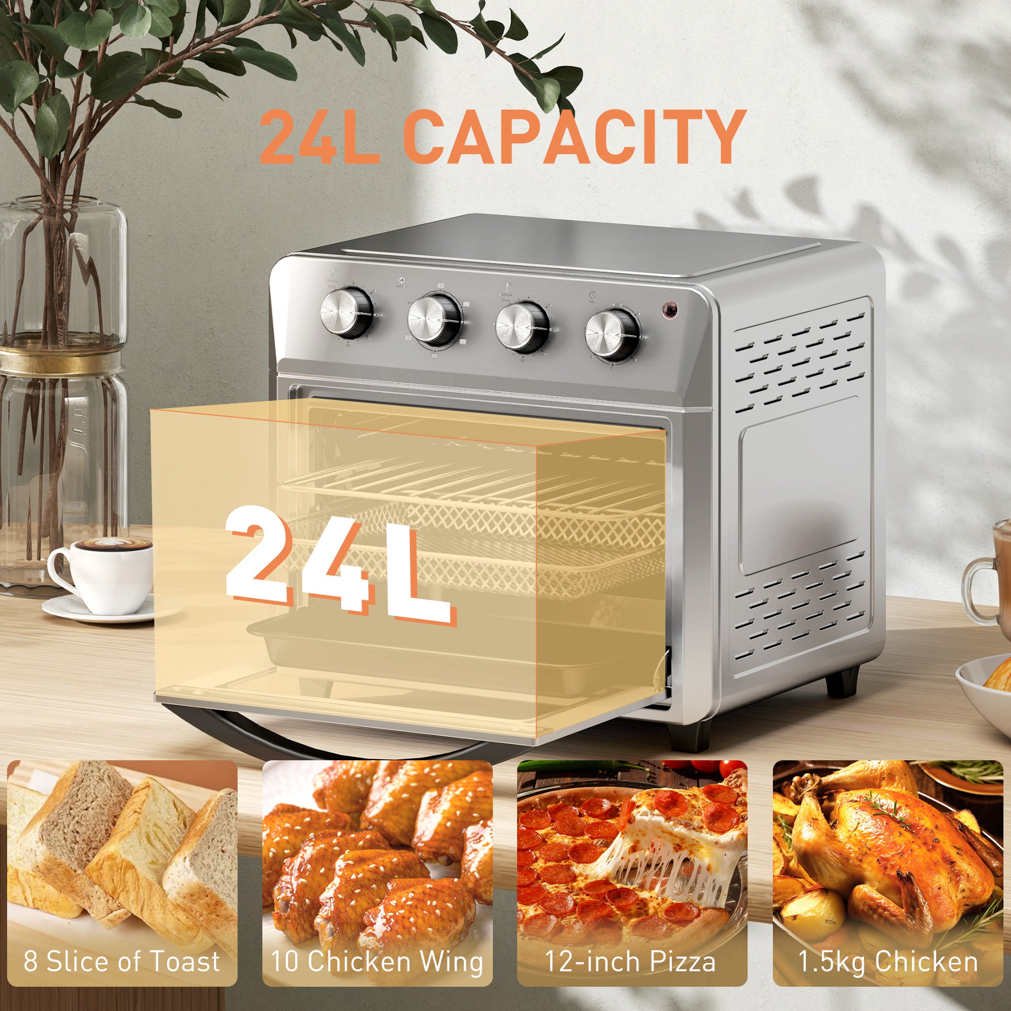 HOMCOM 24L Air Fryer Oven, Mini Oven, Oil Free Cooking, Grill, Roast, Bake, with Adjustable Temperature, Timer, Touch Screen, Dishwasher Safe, 1600W, Silver