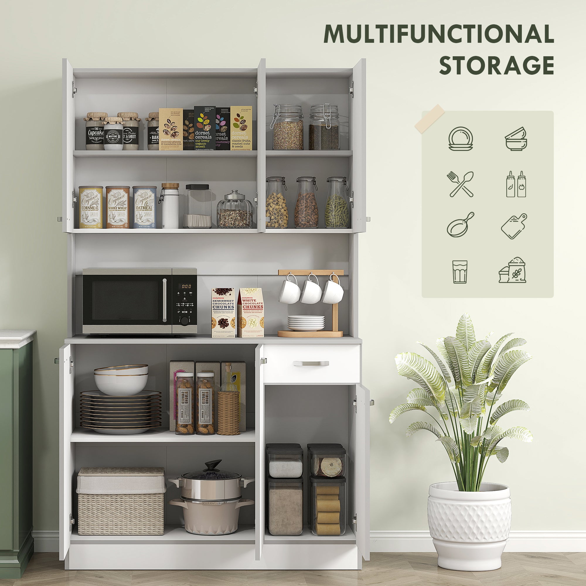 HOMCOM Kitchen Cupboard, Freestanding Kitchen Storage Cabinet with 6 Doors, Drawer, Adjustable Shelves and Open Countertop for Dining Room, White