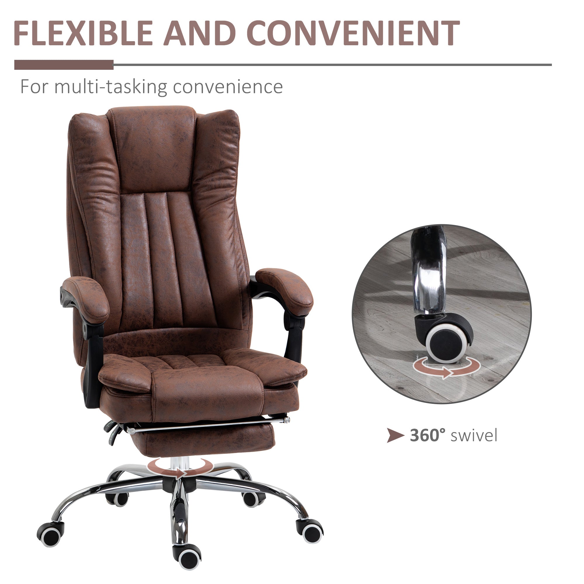 Vinsetto Home Office Chair Microfibre Desk Chair with Reclining Function Armrests Swivel Wheels Footrest Brown - North Peak Garden Furniture