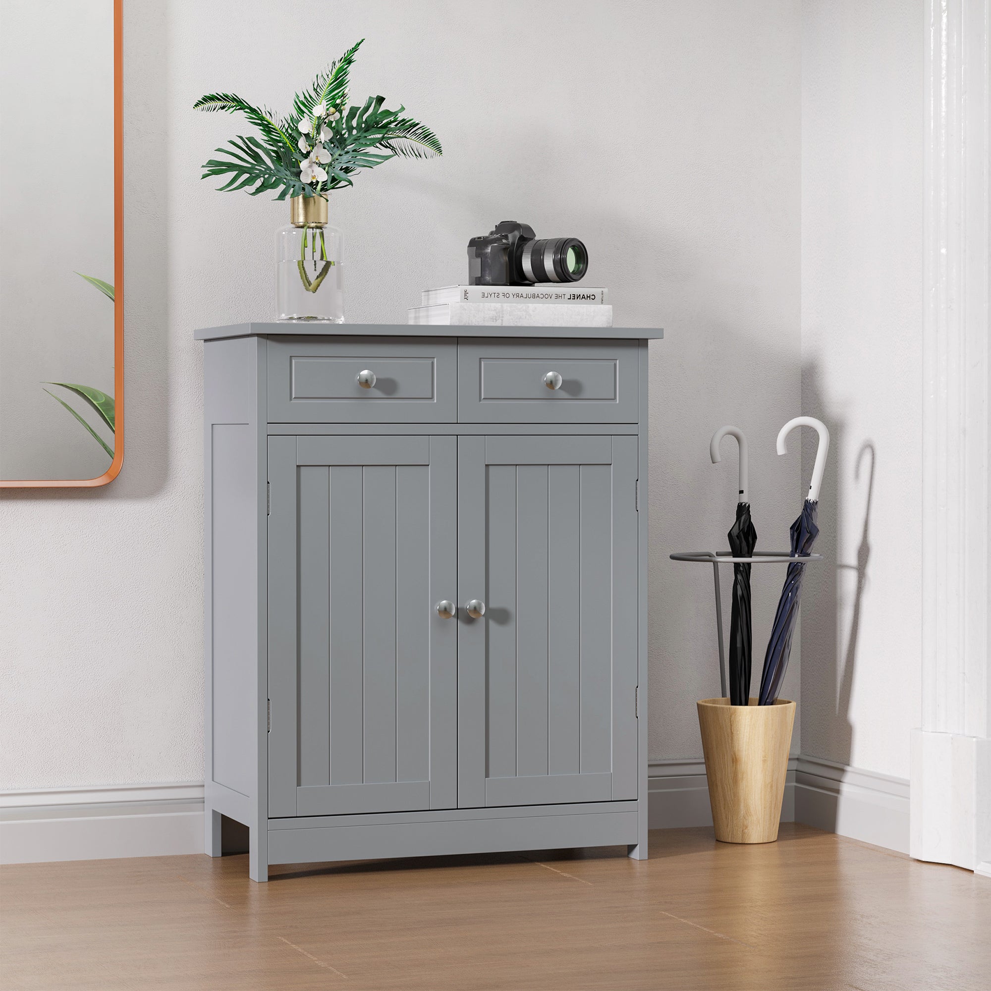 kleankin 75x60cm Freestanding Bathroom Storage Cabinet Unit w/ 2 Drawers Cupboard Adjustable Shelf Metal Handles Traditional Style Grey - North Peak Garden Furniture
