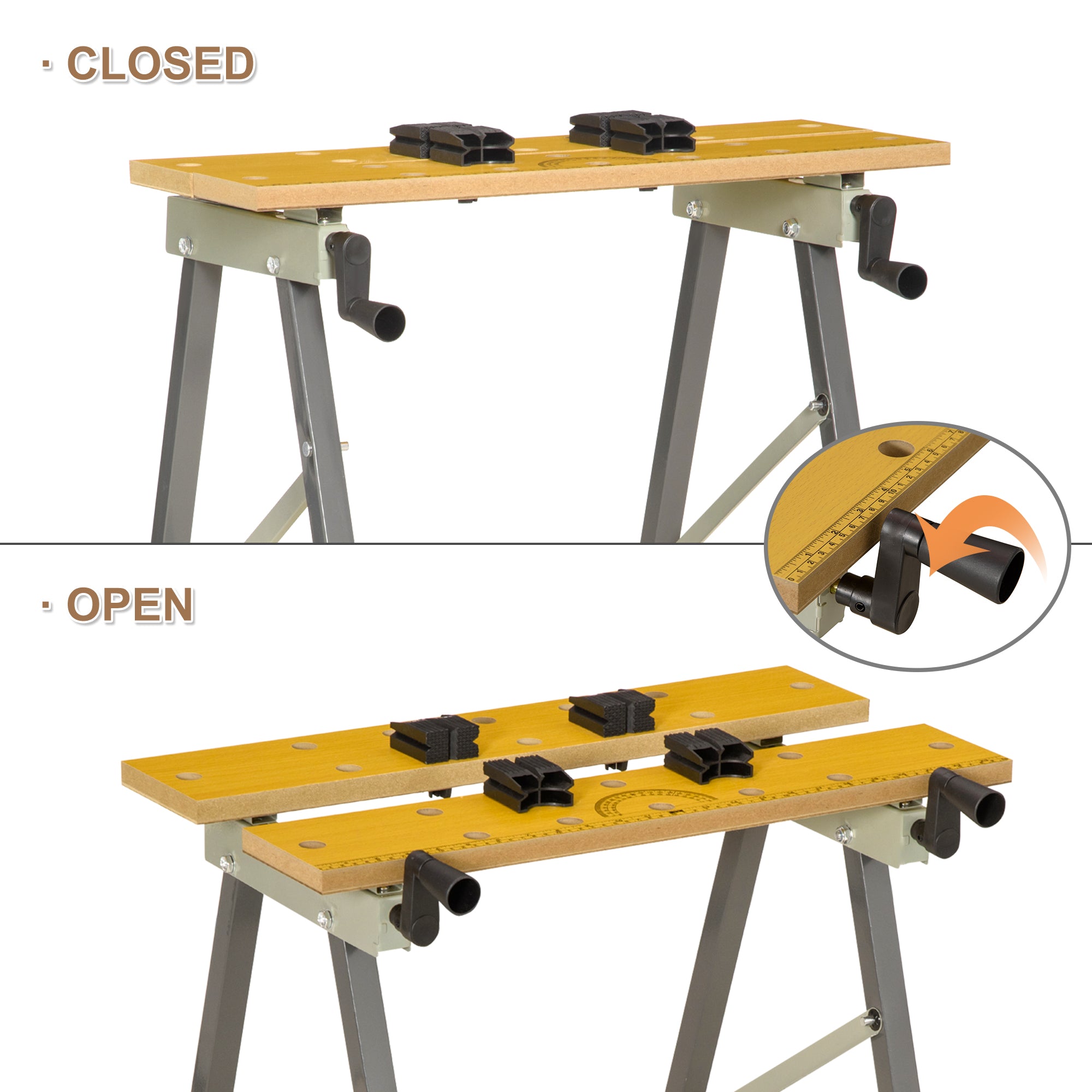 DURHAND 4-in-1 Work Bench, Saw Horse Folding Clamp Table w/ 4 Adjustable Clamping Pegs for DIY Home Garage, Grey - North Peak Garden Furniture