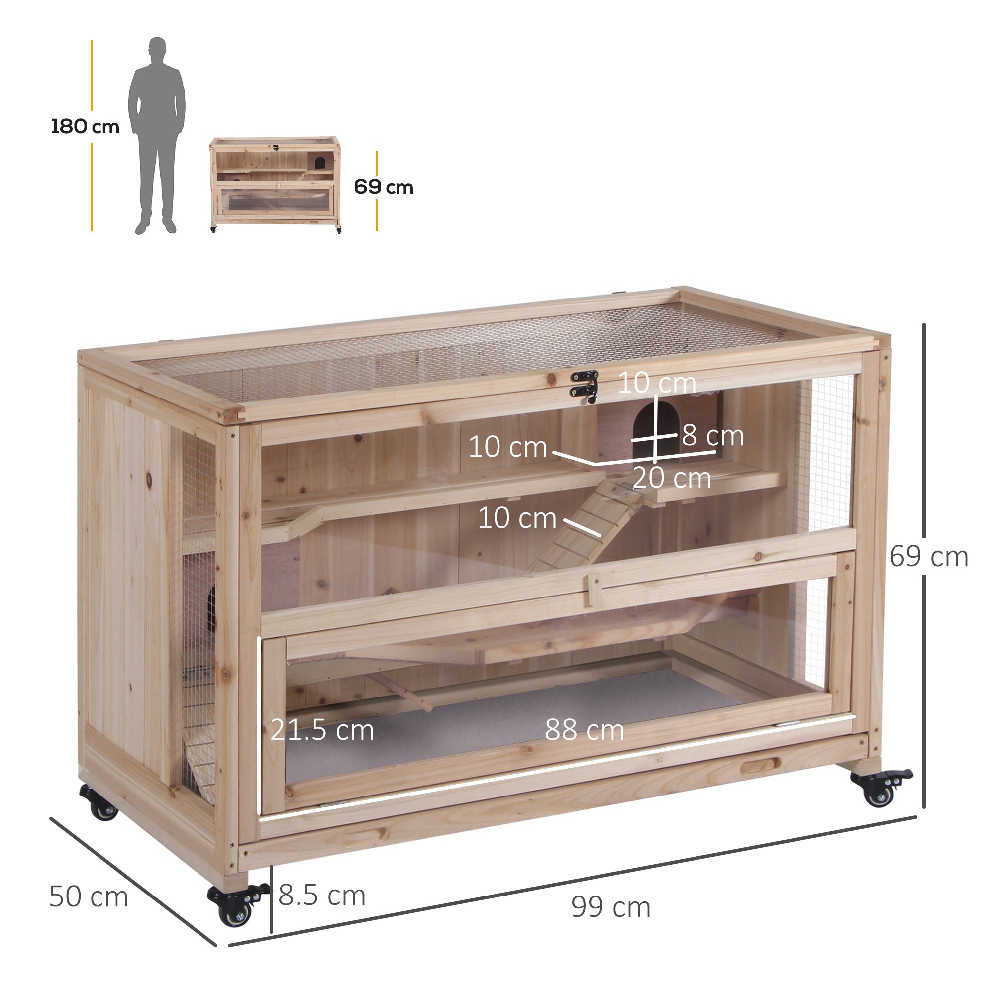 PawHut Wooden Hamster Cage, Mice Rodent Small Animals Kit Hutch, 3 Tiers Exercise Play House, with Wheels, Bottom Tray, 99 x 50 x 69 cm, Natural Wood - North Peak Garden Furniture