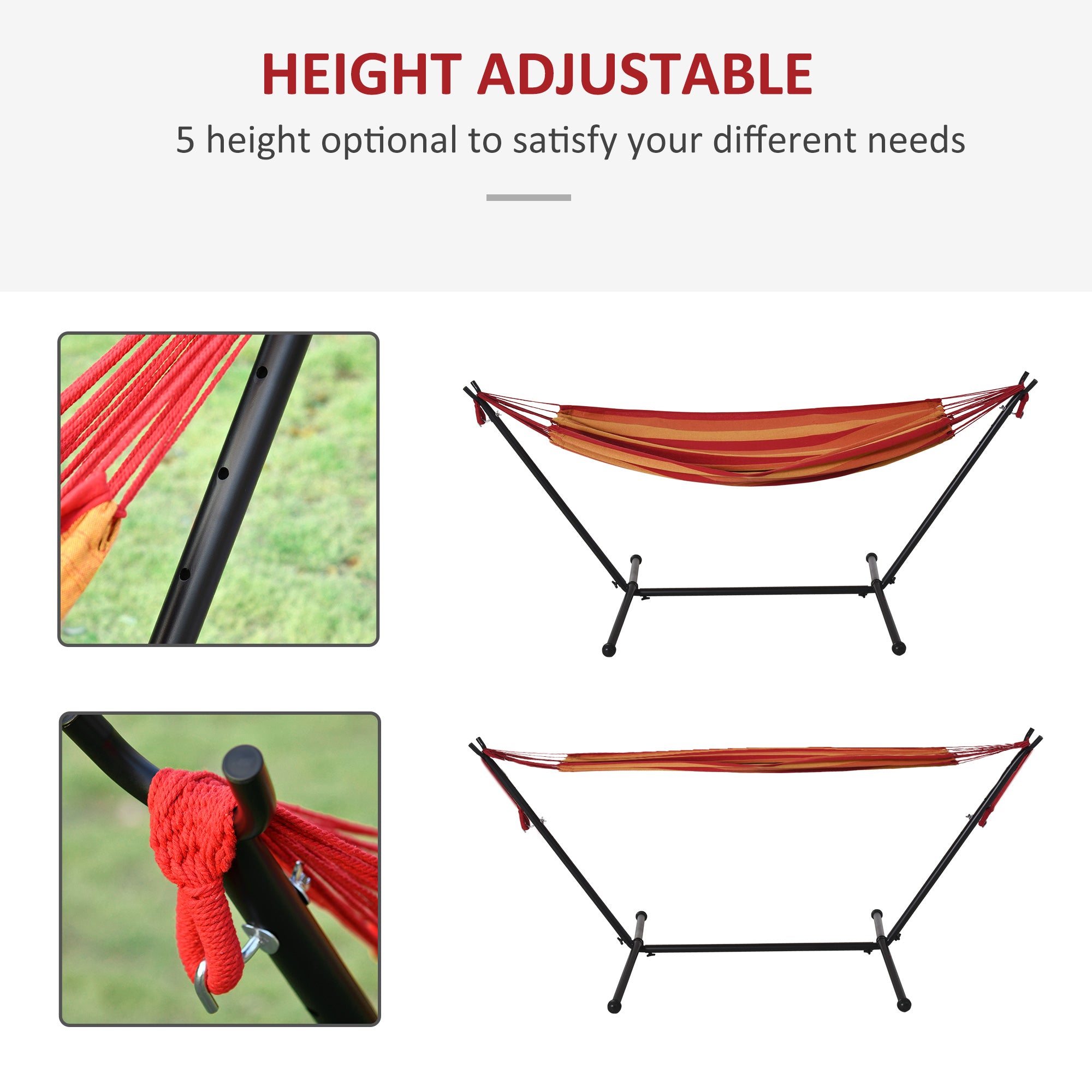 Outsunny Camping Hammock: Portable Stand with Adjustable Height, Striped Hammock with Carrying Bag, 120kg Capacity, 277 x 121cm, Red