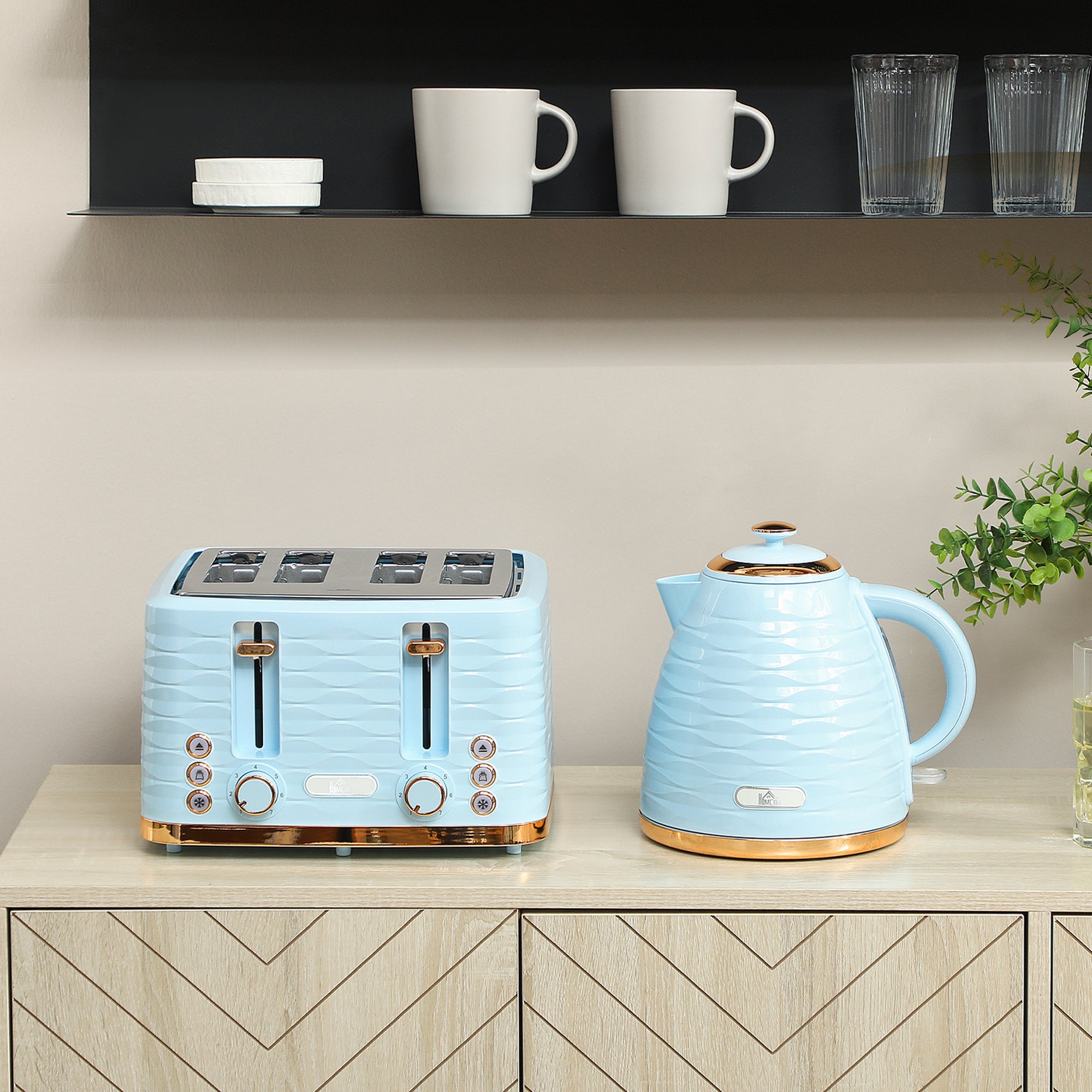 HOMCOM 3000W 1.7L Kettle & 4 Slice Toaster, Kettle and Toaster Set with 7 Browning Controls and Crumb Tray, Light Blue
