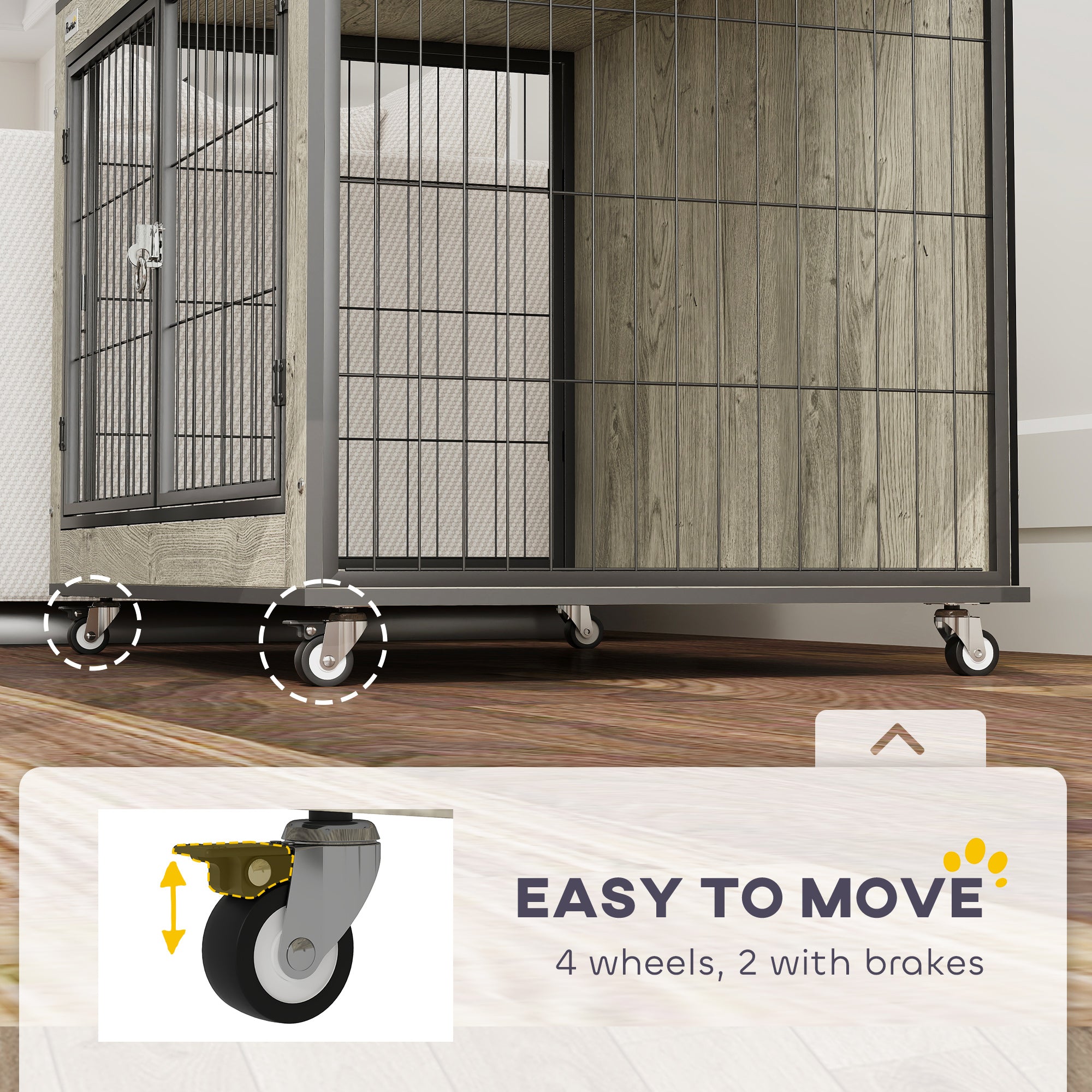 PawHut Dog Crate Furniture with Wheels, Double Doors, for Medium Dogs, 80 x 56 x 62.5cm, Grey