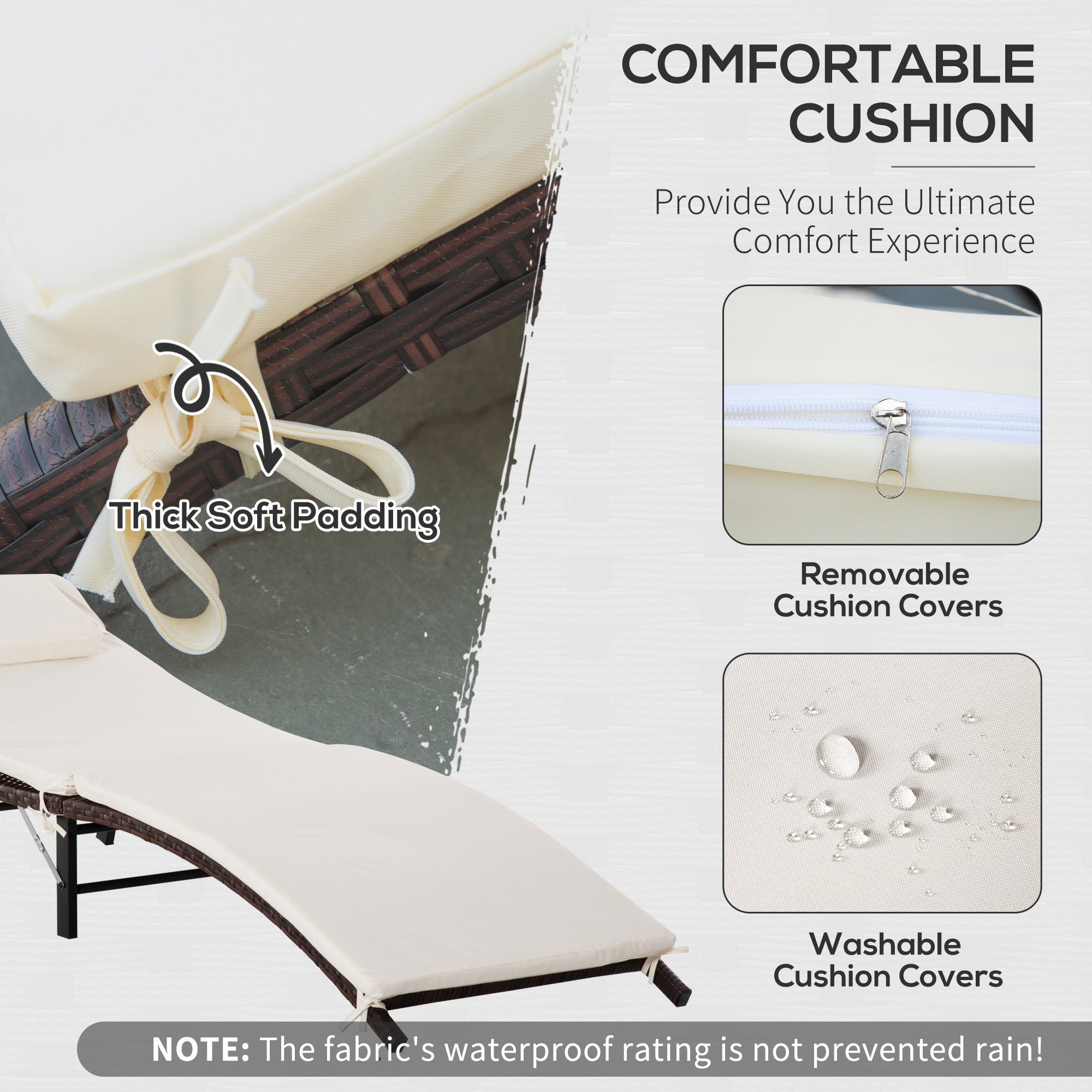Outsunny Rattan Sun Lounger Garden Furniture Folding Outdoor Chair Wicker Weave Bed with Cushion and Pillow, Cream White - North Peak Garden Furniture