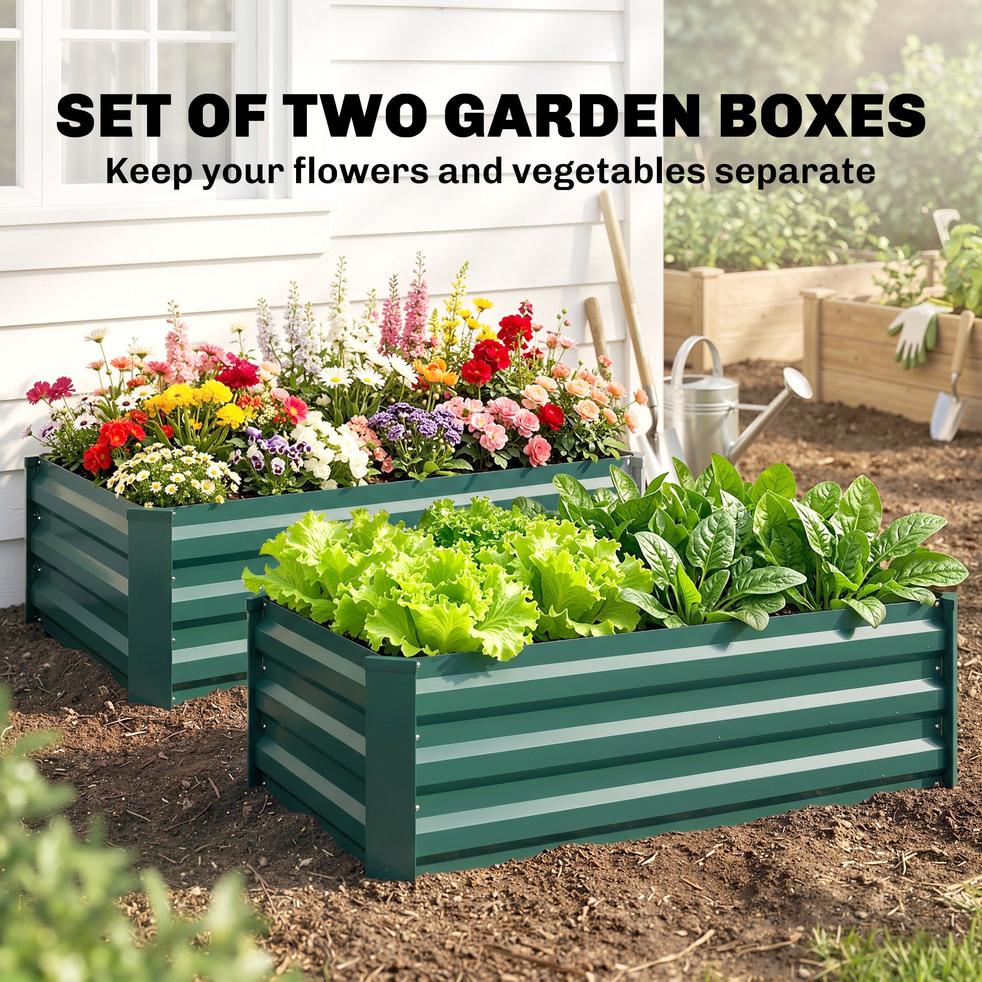 Outsunny Set of Two 60 x 100cm Galvanised Steel Planters, Green