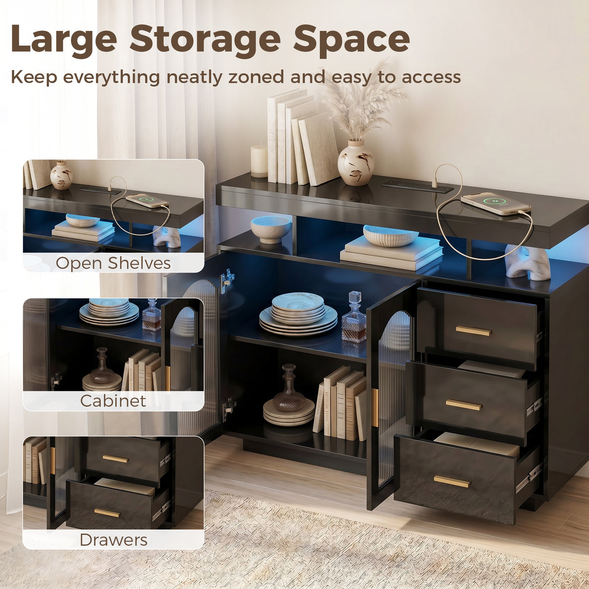 HOMCOM High Gloss Sideboard with LED Lights, Built-in Power Outlets, 3 Drawers, Shelves and 2 Acrylic Doors, Black