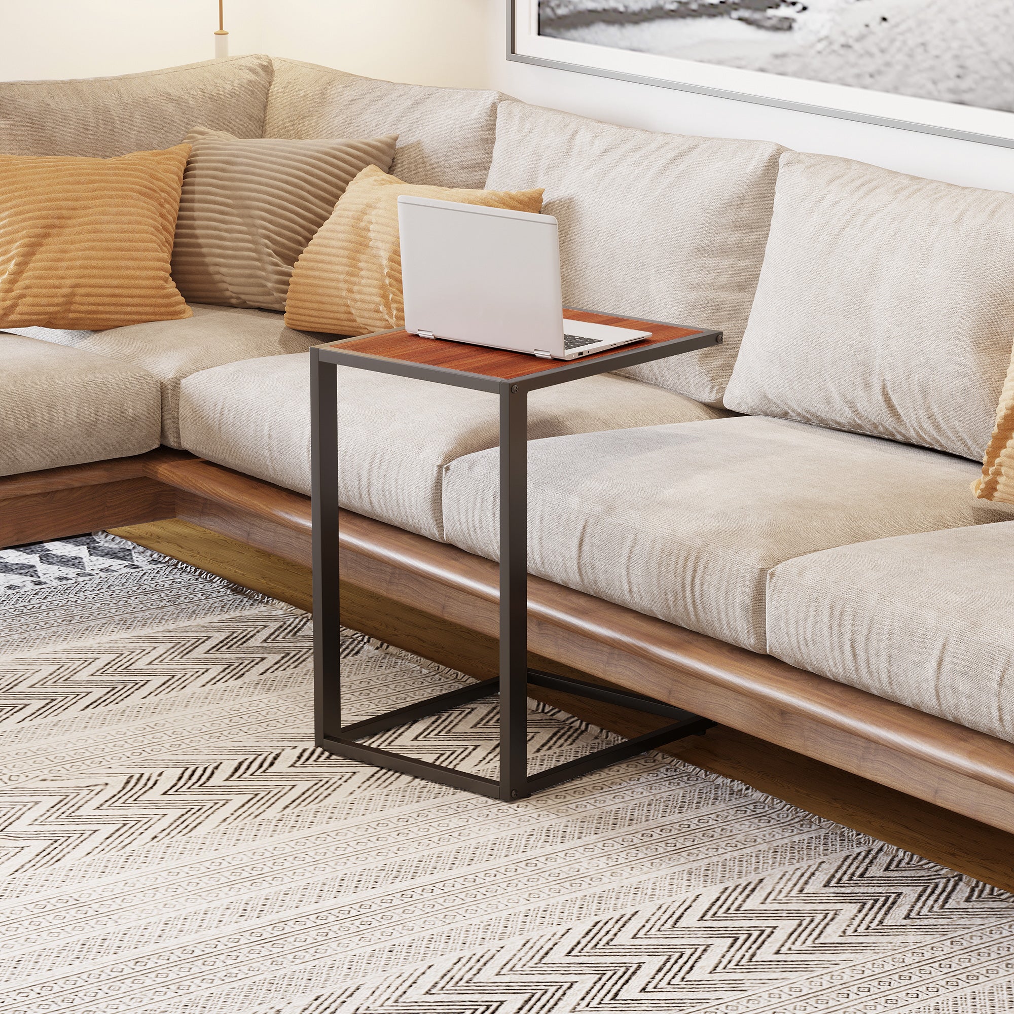 HOMCOM C-Shaped Side Table, Sofa End Table with Metal Frame, Accent Couch Table for Living room, Bedroom, Walnut and Black - North Peak Garden Furniture