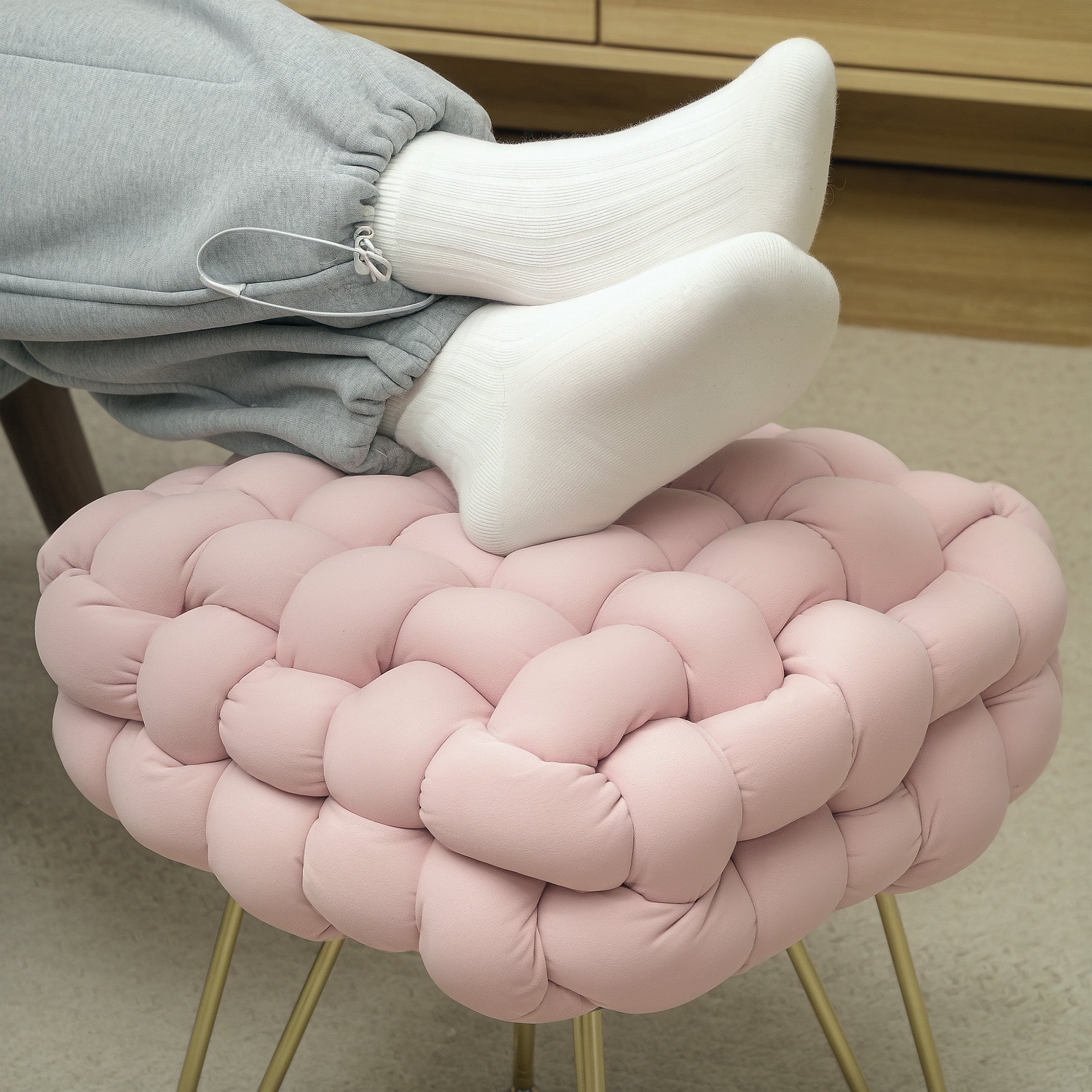 HOMCOM Velvet-Feel Bold Woven Footstool - Pink - North Peak Garden Furniture