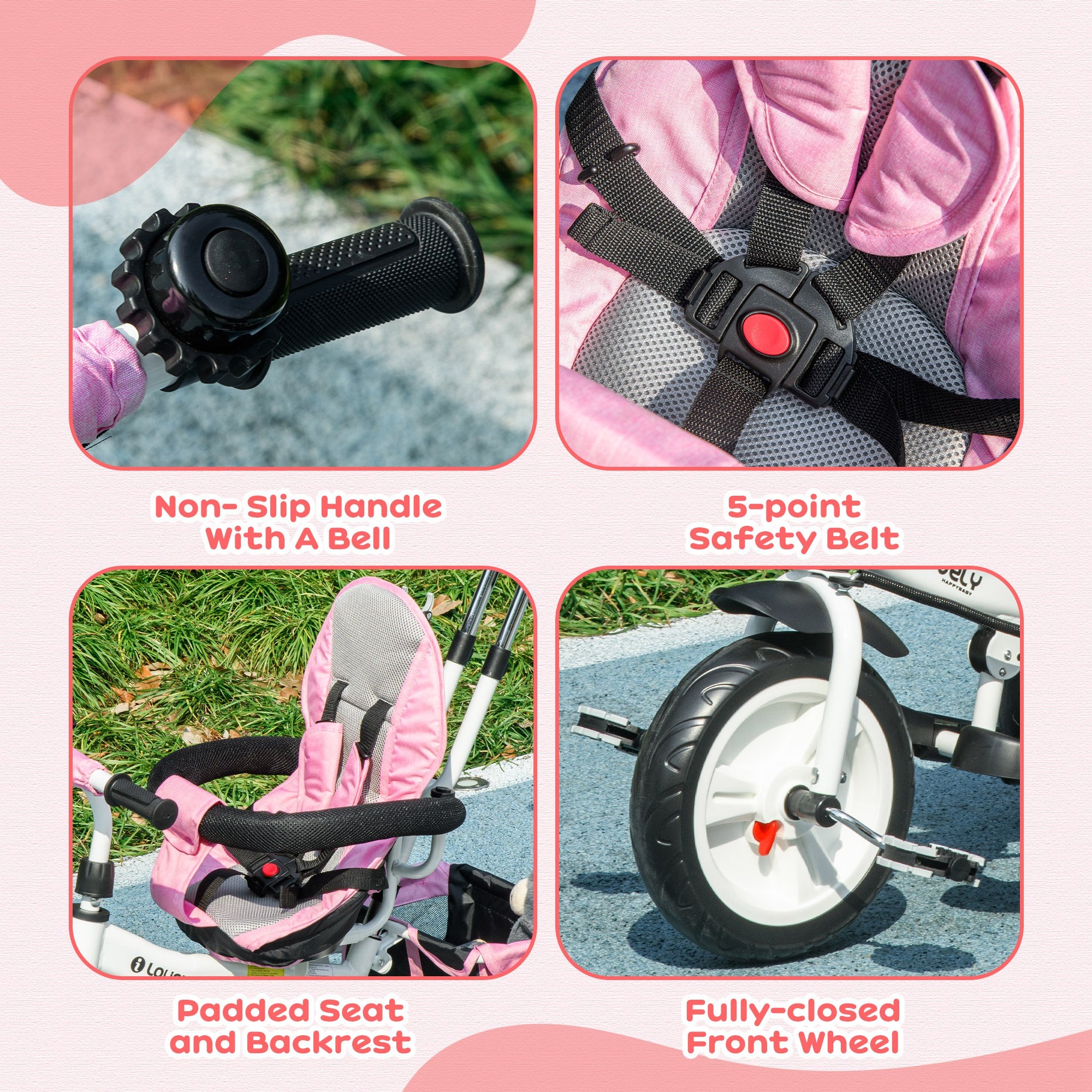 HOMCOM 6 in 1 Kids Trike Push Bike w/ Push Handle, Canopy, 5-point Safety Belt, Storage, Footrest, Brake, for 1-5 Years, Pink