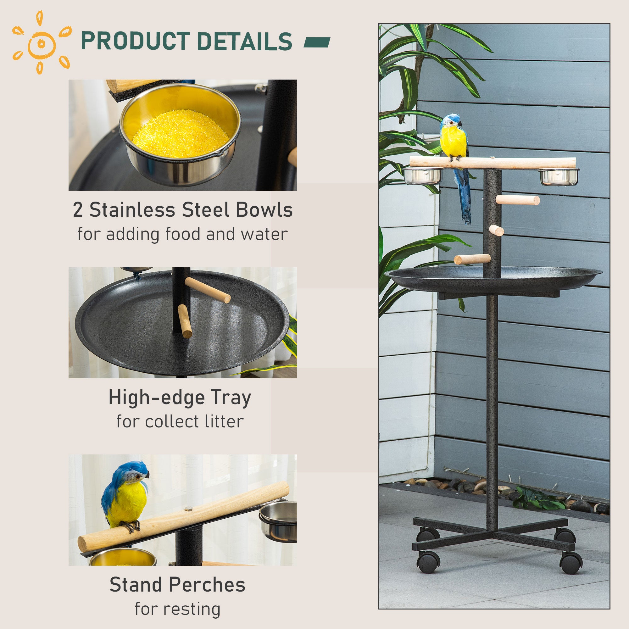 PawHut Metal Bird Table Play Stand, Bird Feeder Station Parrot Perch with Four Wheels Feeding Bowls Round Tray - North Peak Garden Furniture