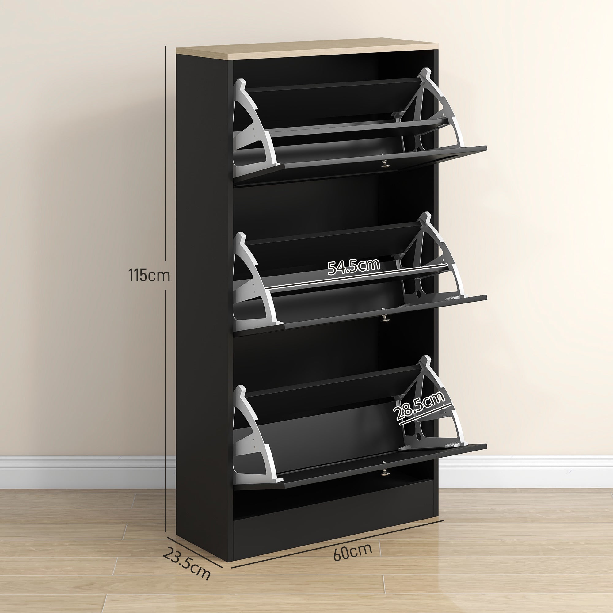 HOMCOM Modern Compact Three-Drawer Shoe Storage Cabinet - Black - North Peak Garden Furniture
