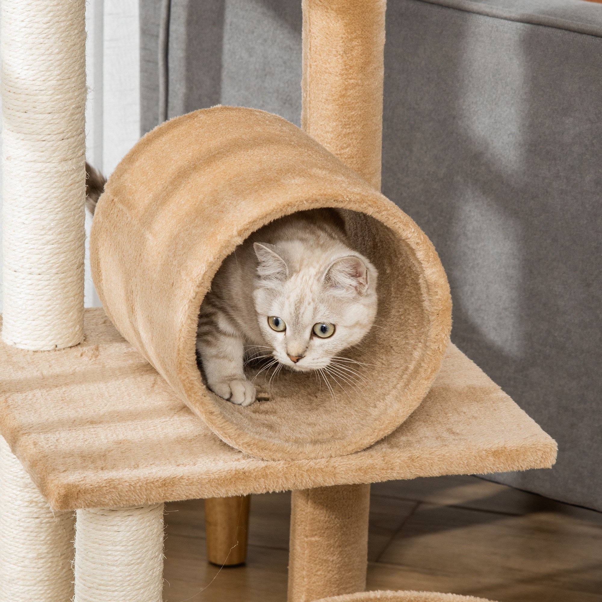 PawHut 121cm Cat Tree Tower for Indoor Cats Kitten Activity Centre Scratching Post with Bed Tunnel Perch Interactive Ball Toy Brown - North Peak Garden Furniture