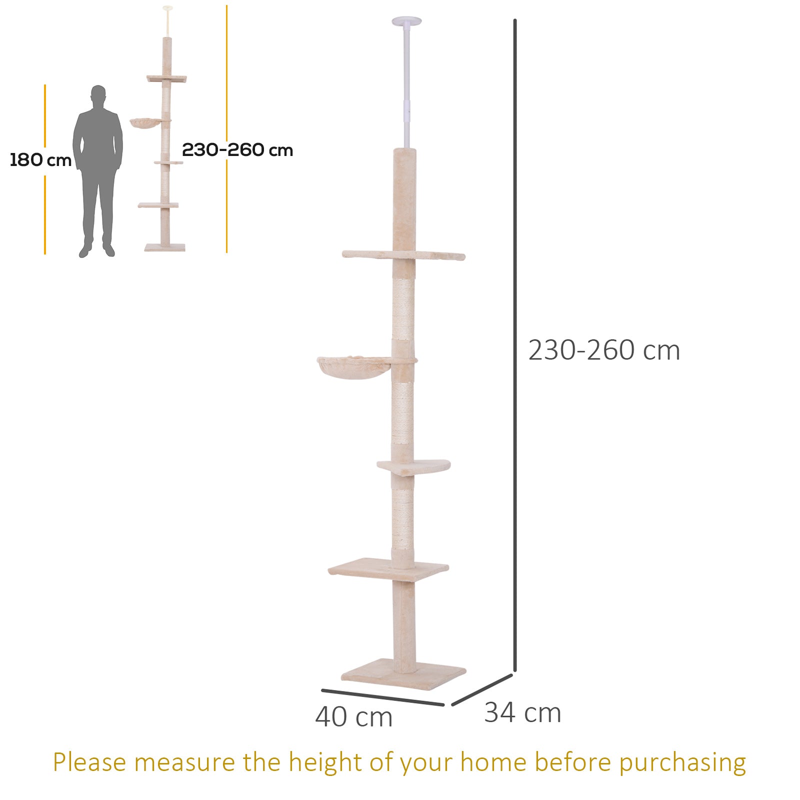 PawHut Floor to Ceiling Cat Tree for Indoor Cats 5-Tier Kitty Tower Climbing Activity Center Scratching Post Adjustable Height 230-260 cm Beige - North Peak Garden Furniture