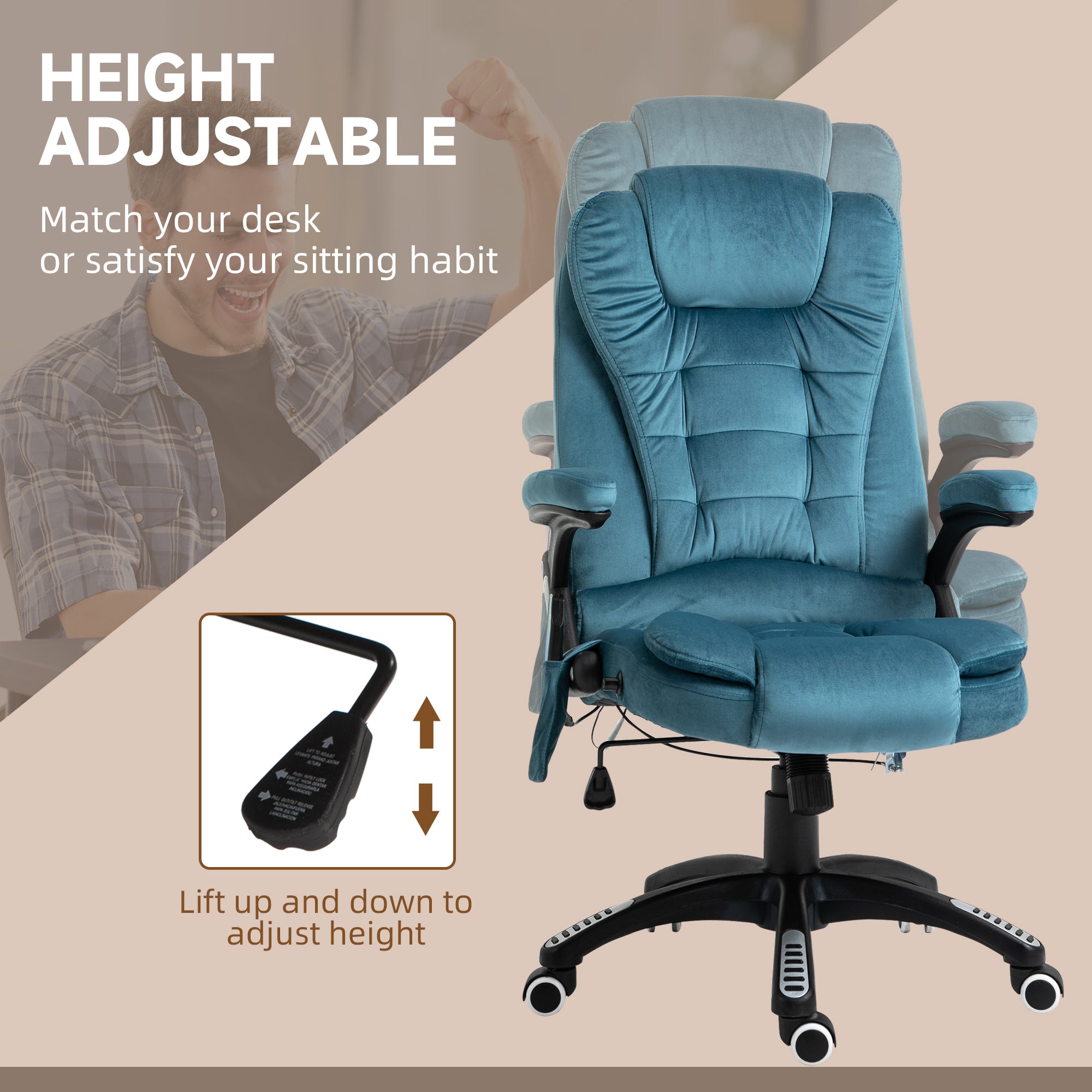 Vinsetto Massage Recliner Chair Heated Office Chair with Six Massage Points Velvet-Feel Fabric 360° Swivel Wheels Blue - North Peak Garden Furniture