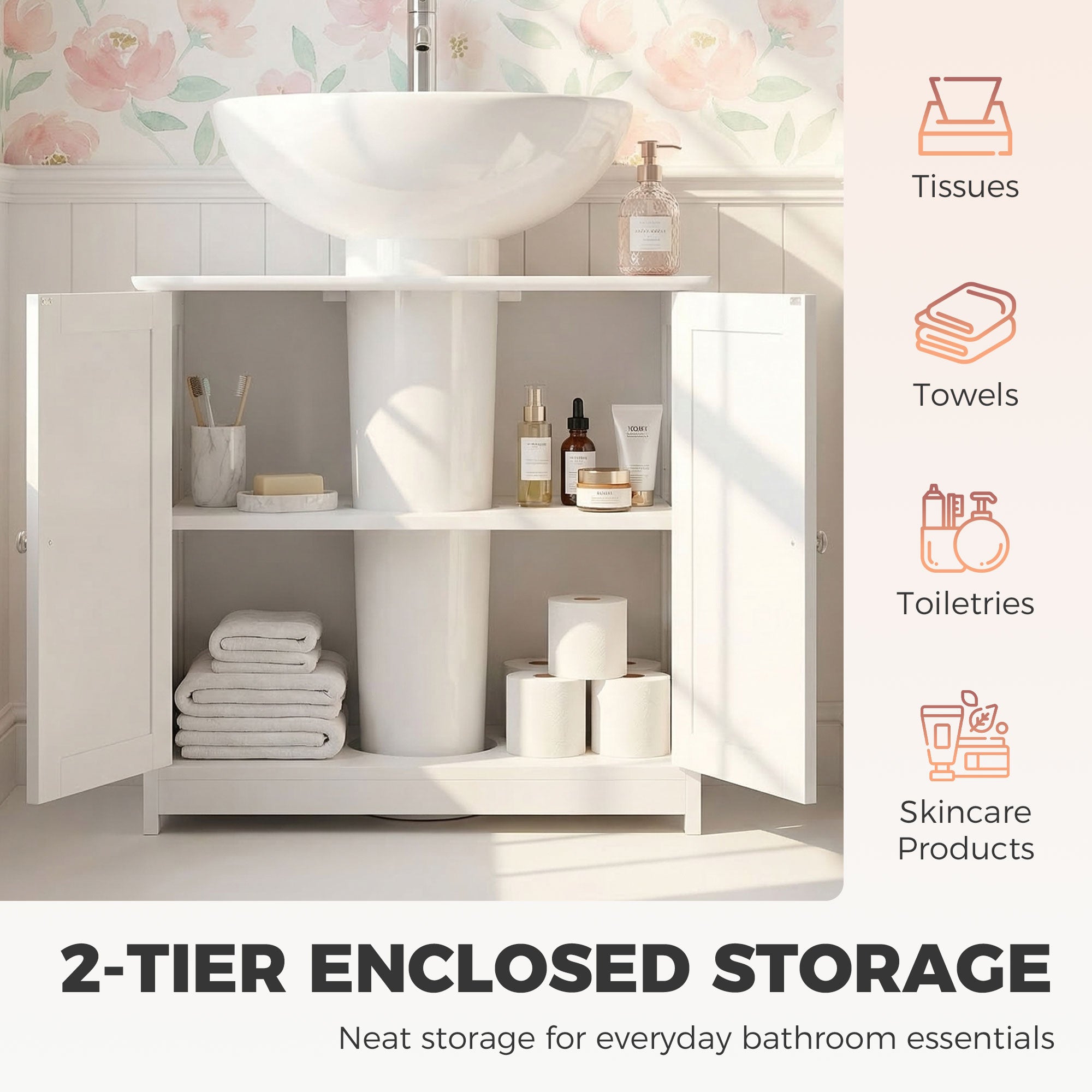 kleankin 60x60cm Under-Sink Storage Cabinet w/ Adjustable Shelf Handles Drain Hole Bathroom Cabinet Space Saver Organizer White