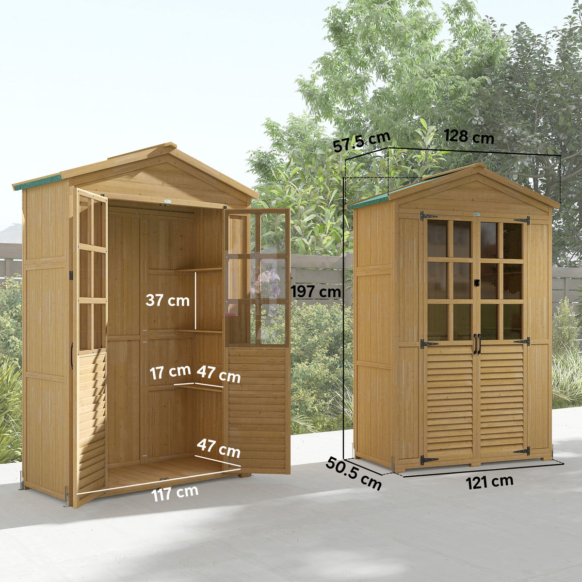 Outsunny Outdoor Wooden Storage Cabinet, Garden Tool Shed with Acrylic Windows for Patio, Light Brown