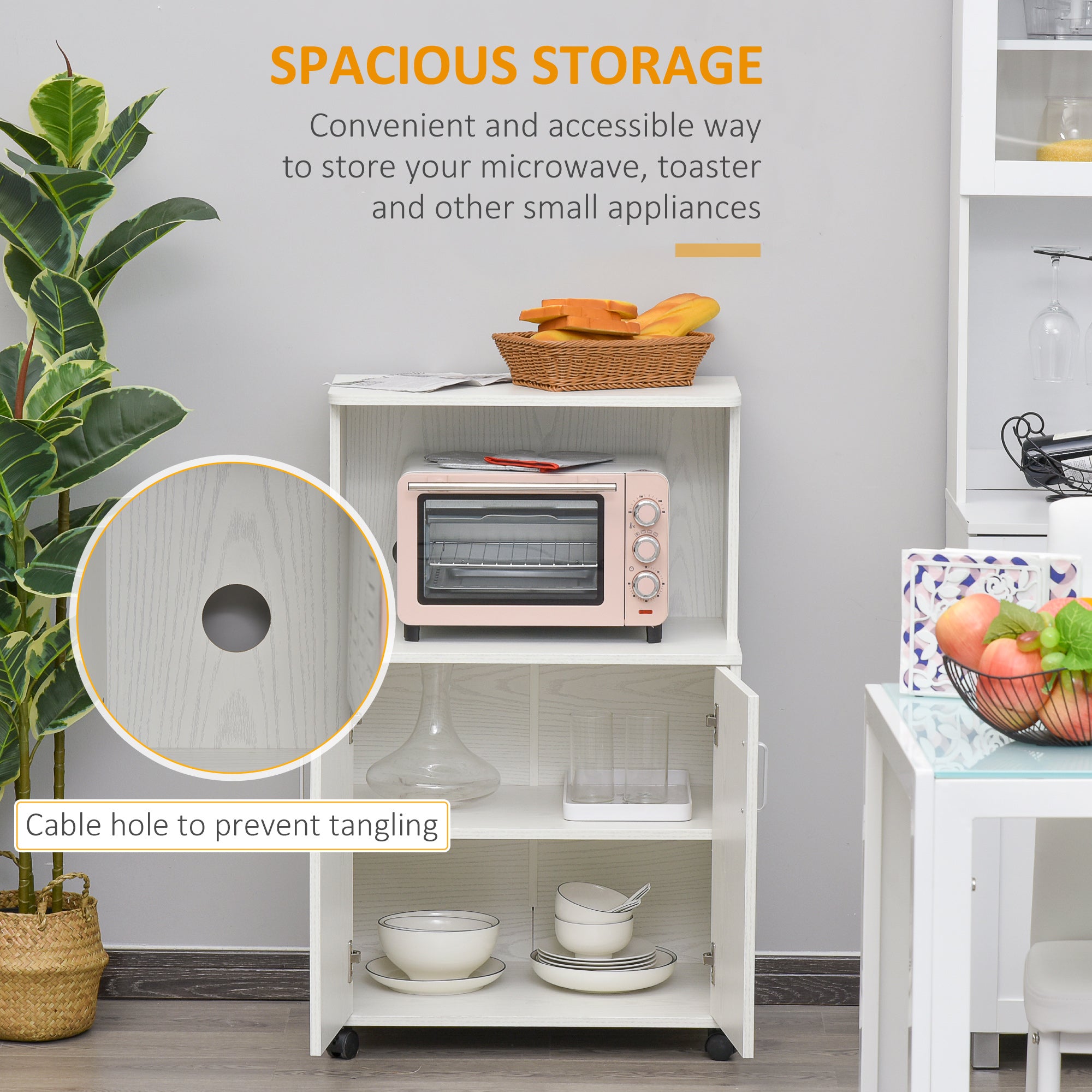 HOMCOM Kitchen Storage Unit, Modern Microwave Stand Trolley Cart, Sideboard with Cabinet, Locking Wheels, Shelf for Living Room, Dining Room, White - North Peak Garden Furniture