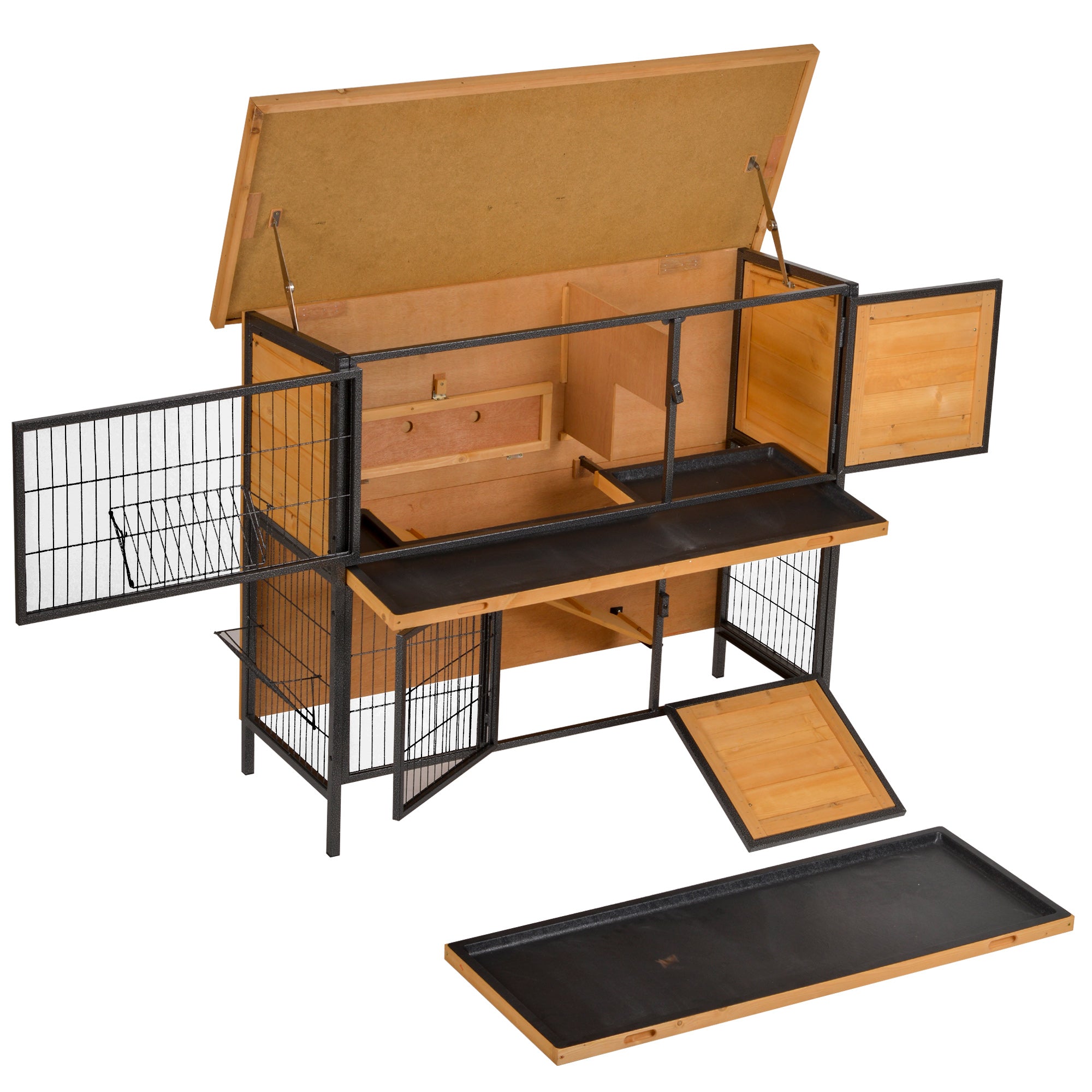 PawHut Rabbit Hutch Outdoor Guinea Pig Hutch Bunny Cage Metal Frame with No-Leak Tray Openable Roof Light Yellow 122 x 50 x 101cm - North Peak Garden Furniture