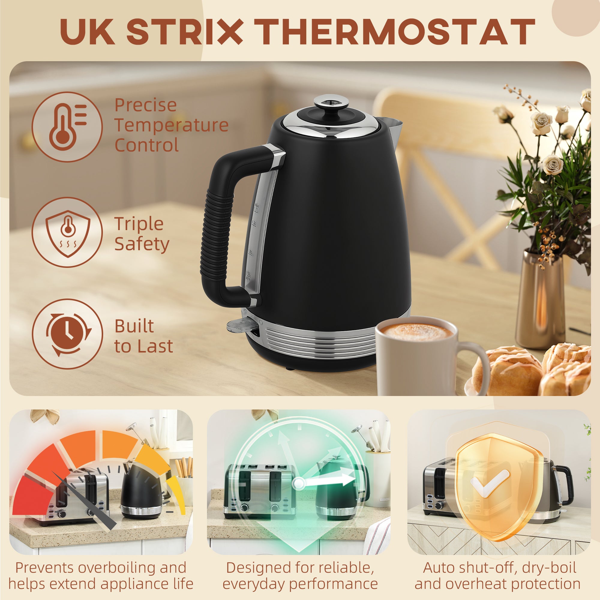 HOMCOM Stainless Steel Kettle and Toaster Set, 1.7L 3000W Rapid Boil Jug Kettle with UK Strix Thermostat, Limescale Filter, 4 Slice Toaster with 7 Browning Controls, Crumb Tray, Black and Silver Tone