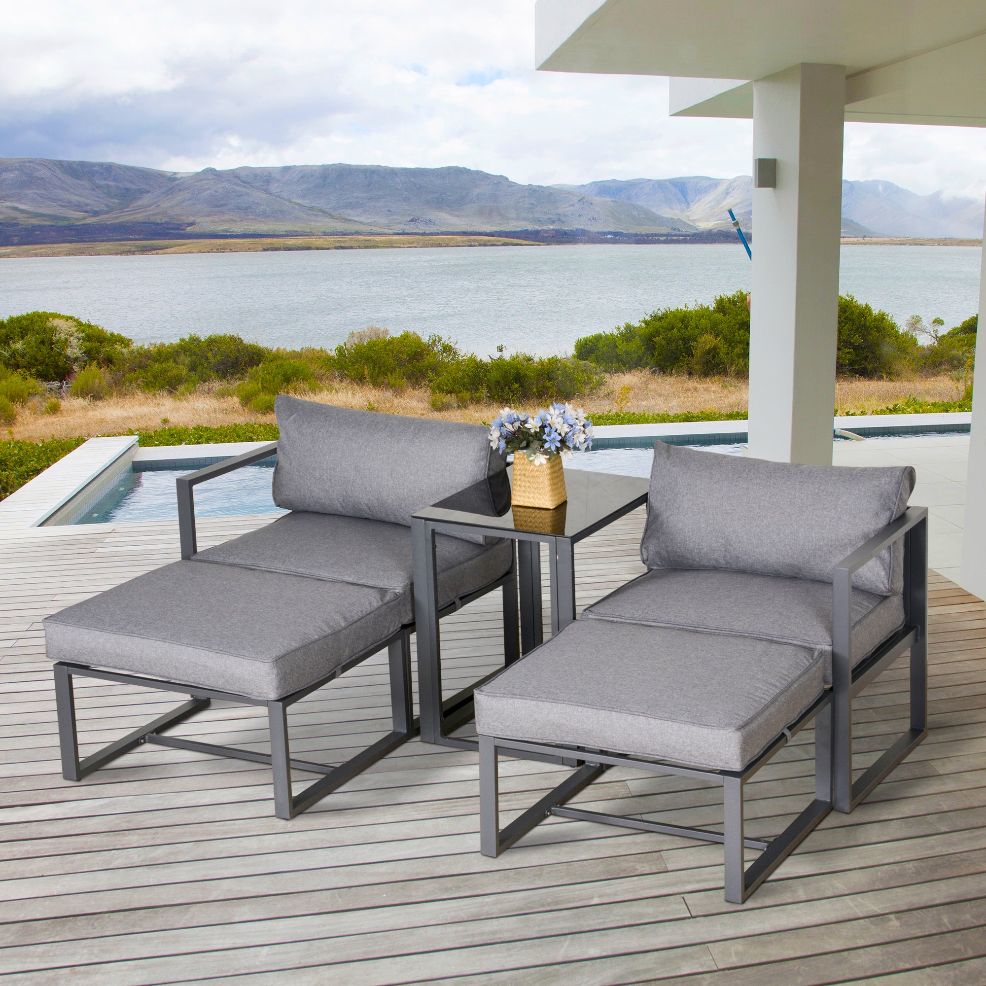 Outsunny 5 Piece Garden Aluminium Conversation Sofa Set Patio Furniture Set Outdoor 2 Sofas 2 Footstools End Table with Cushions - North Peak Garden Furniture