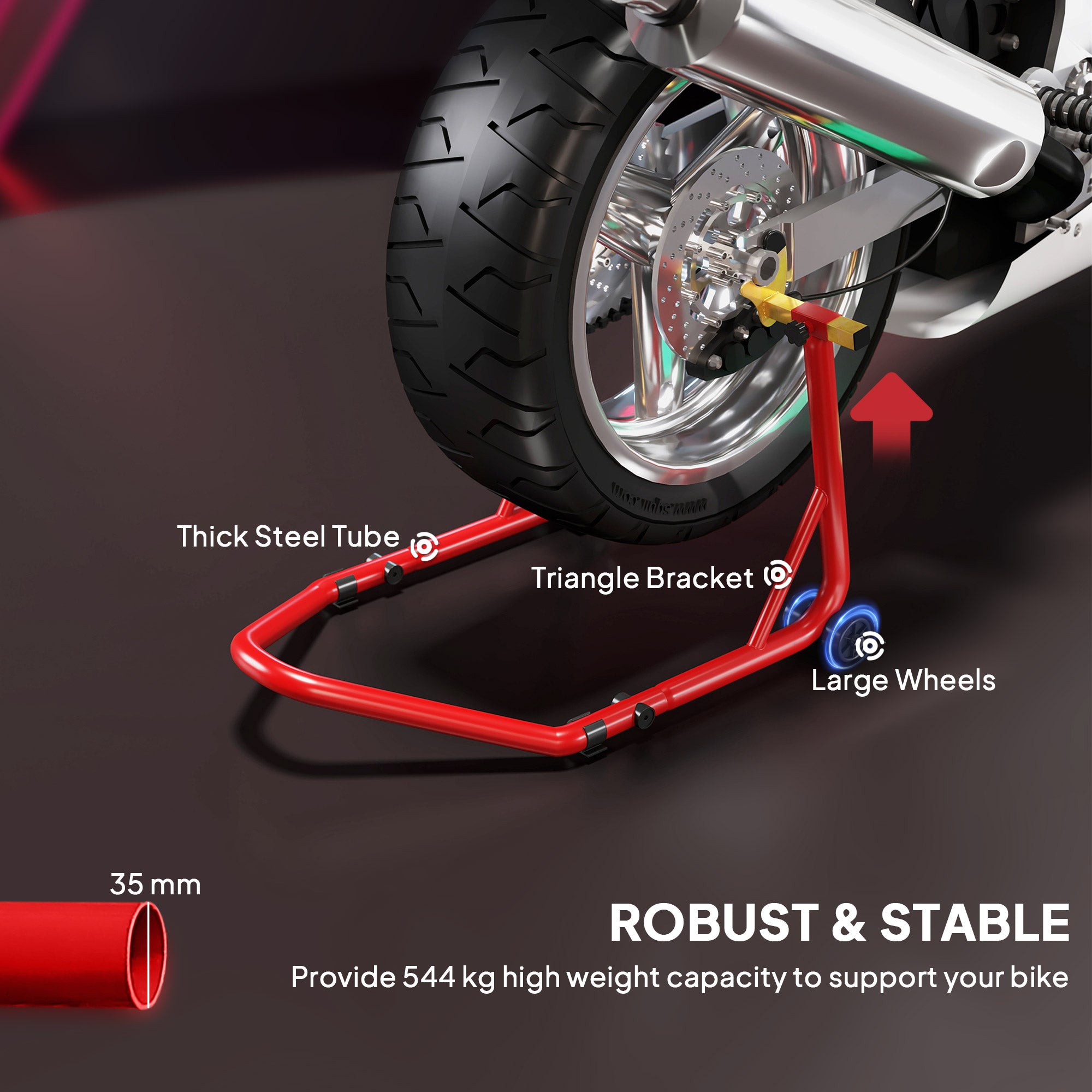 HOMCOM Motorcycle Rear Wheel Stand, 544 kg Capacity Heavy Duty Steel Motorbike Motorcycle Paddock Stand Lift with Adjustable U + L Forks, Wheels, Non-Slip Pads for Workshop Garage Repair, Red