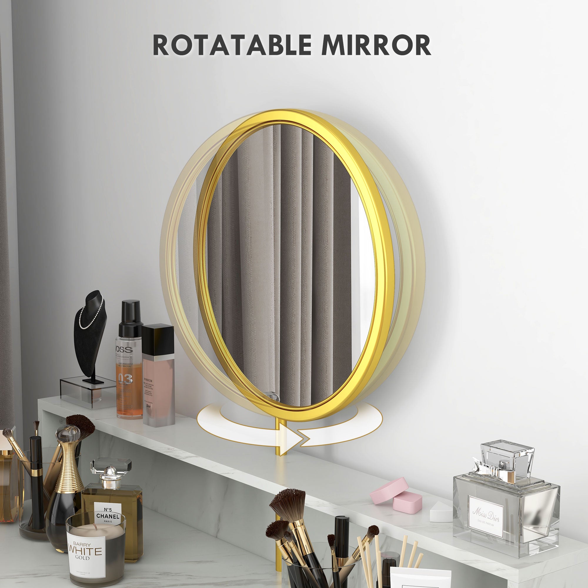 HOMCOM Modern Dressing Table with Round Mirror, Vanity Makeup Desk with Open Storage, Faux Marble Texture and Steel Frame for Bedroom, White - North Peak Garden Furniture