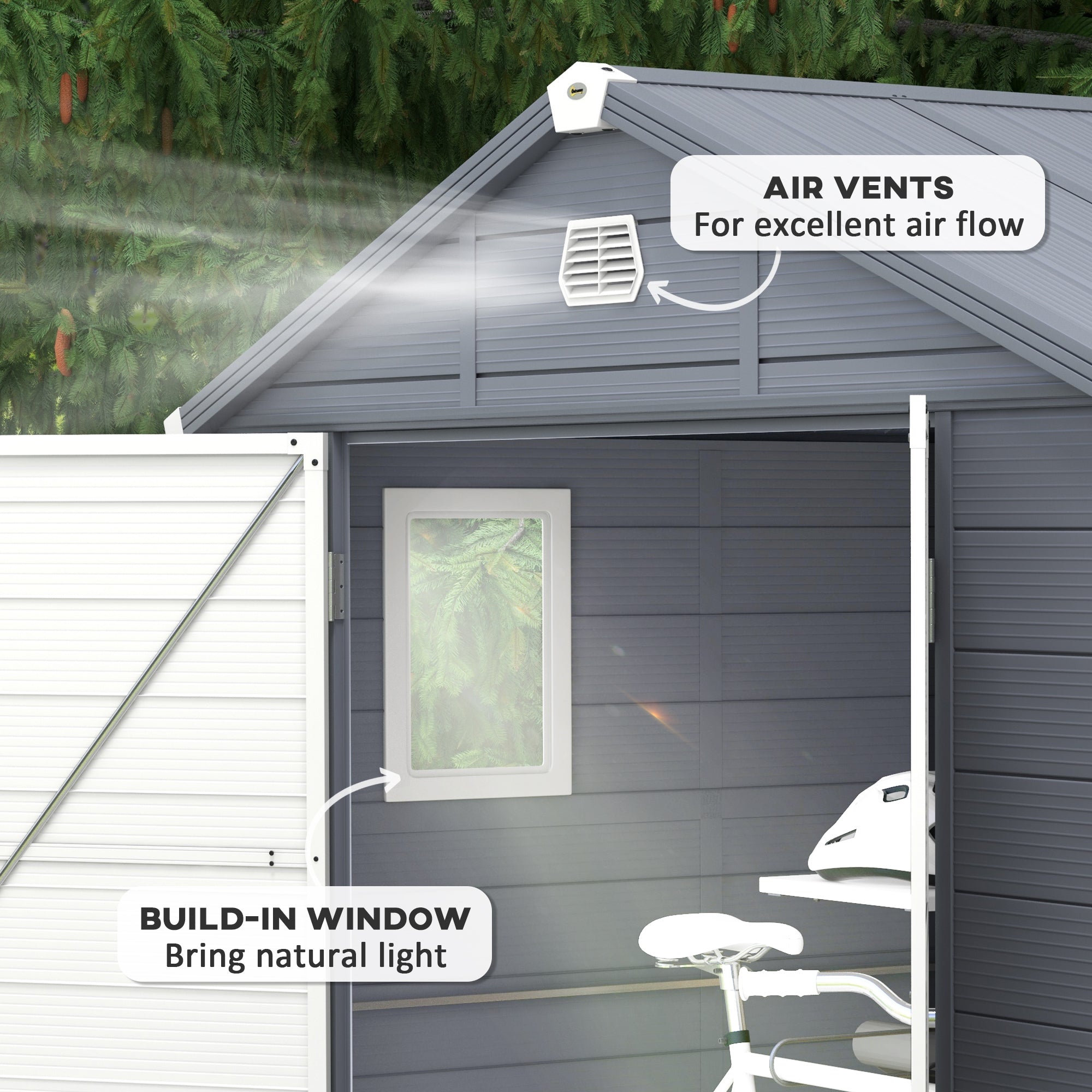 Outsunny 7.9ft x 6.2ft Aluminium Frame and Plastic Wall Shed, with Foundation - Grey - North Peak Garden Furniture